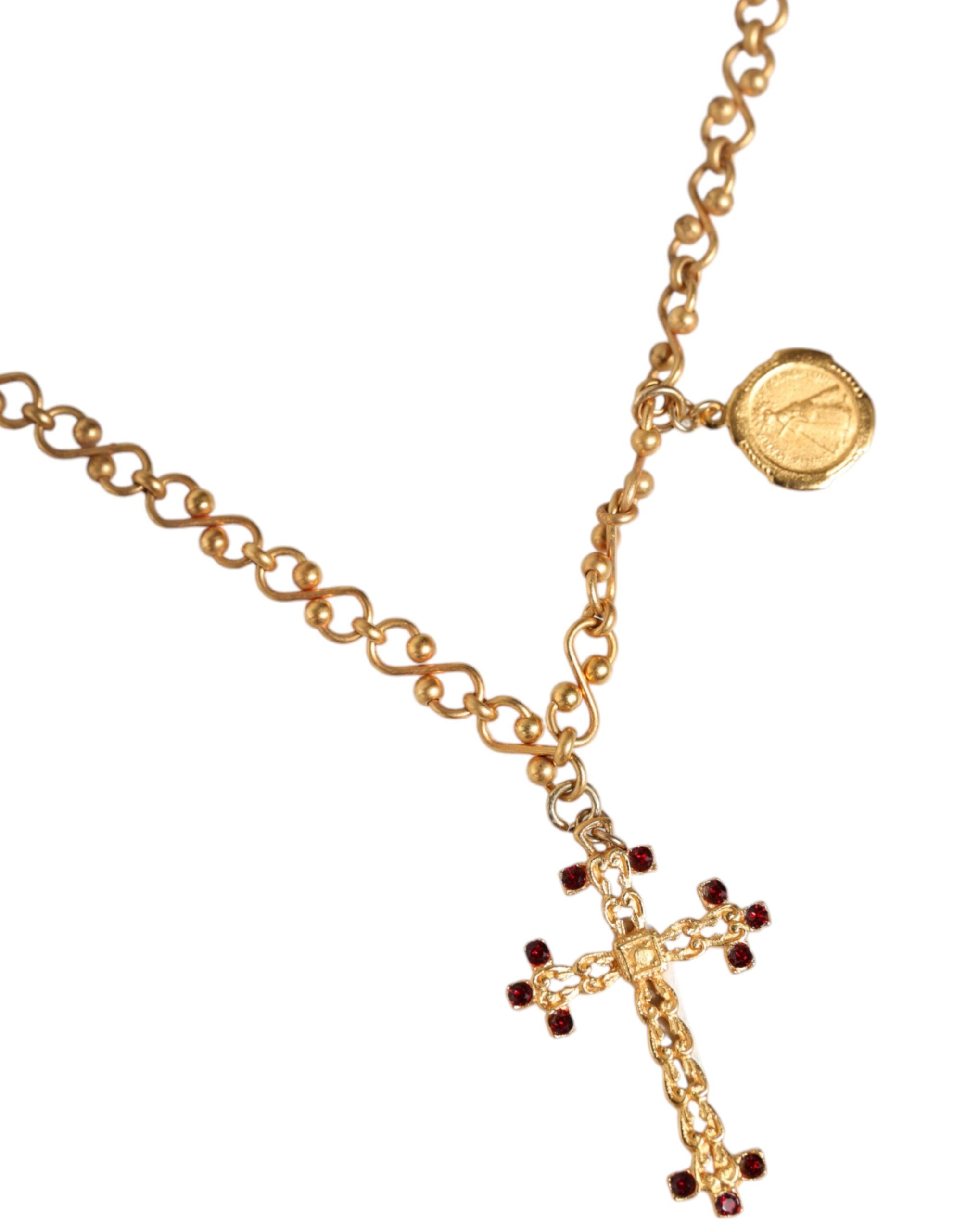 Gold Tone Brass Chain Religious Cross Pendant Necklace - ventzia