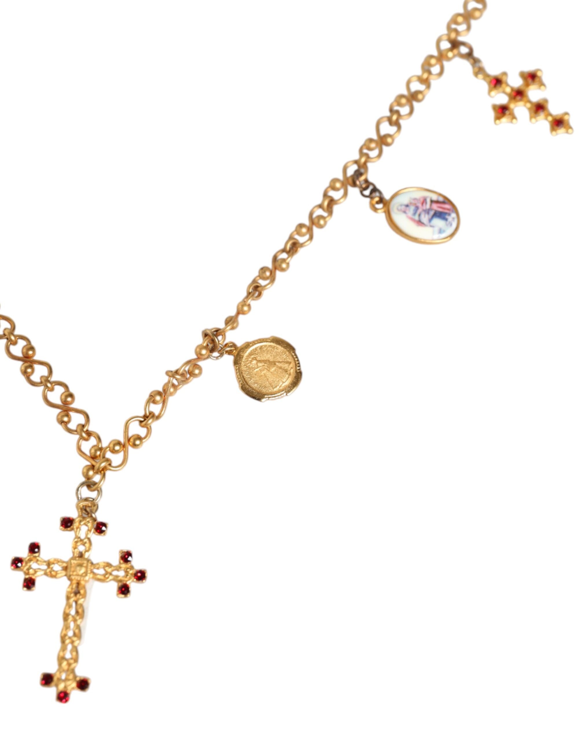 Gold Tone Brass Chain Religious Cross Pendant Necklace - ventzia