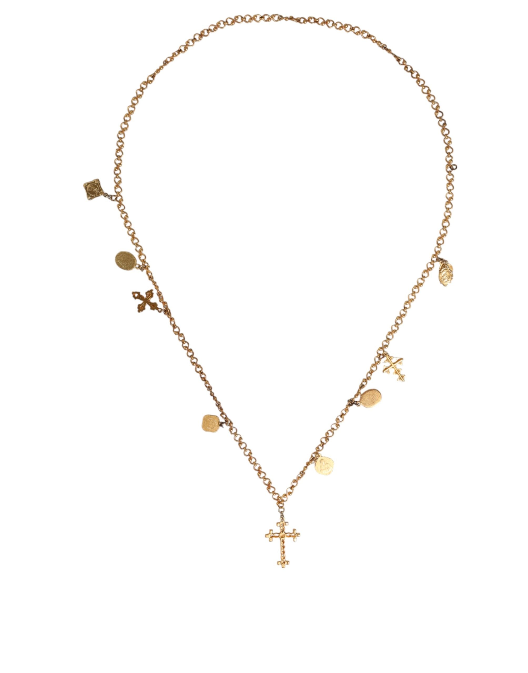 Gold Tone Brass Chain Religious Cross Pendant Necklace - ventzia