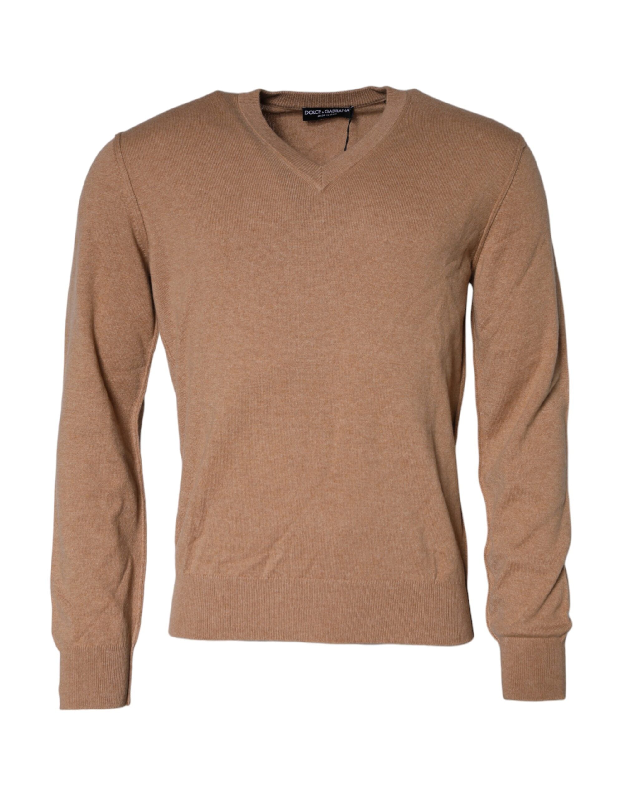 Brown Cashmere Knit V-neck Pullover Sweater - ventzia