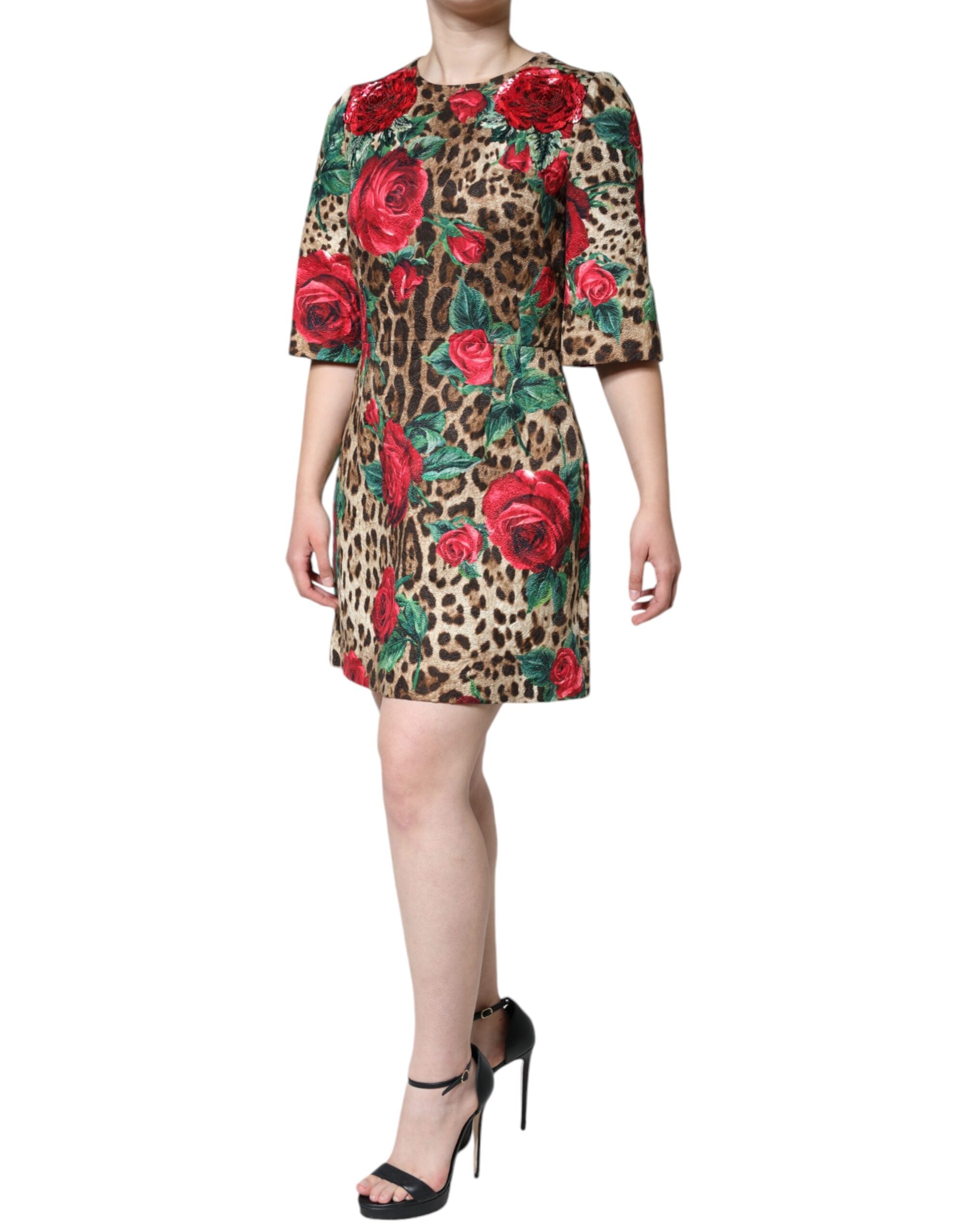 Brown Leopard Red Roses Cotton A-line Dress - ventzia