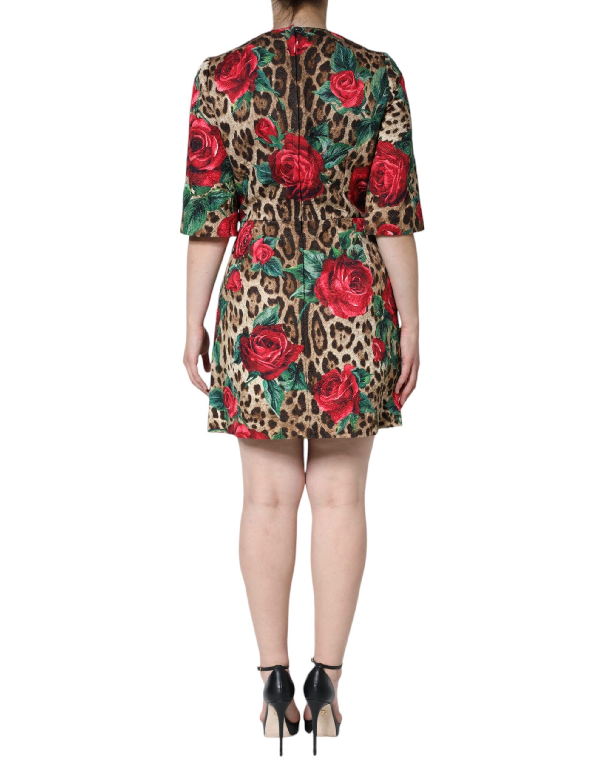 Brown Leopard Red Roses Cotton A-line Dress - ventzia