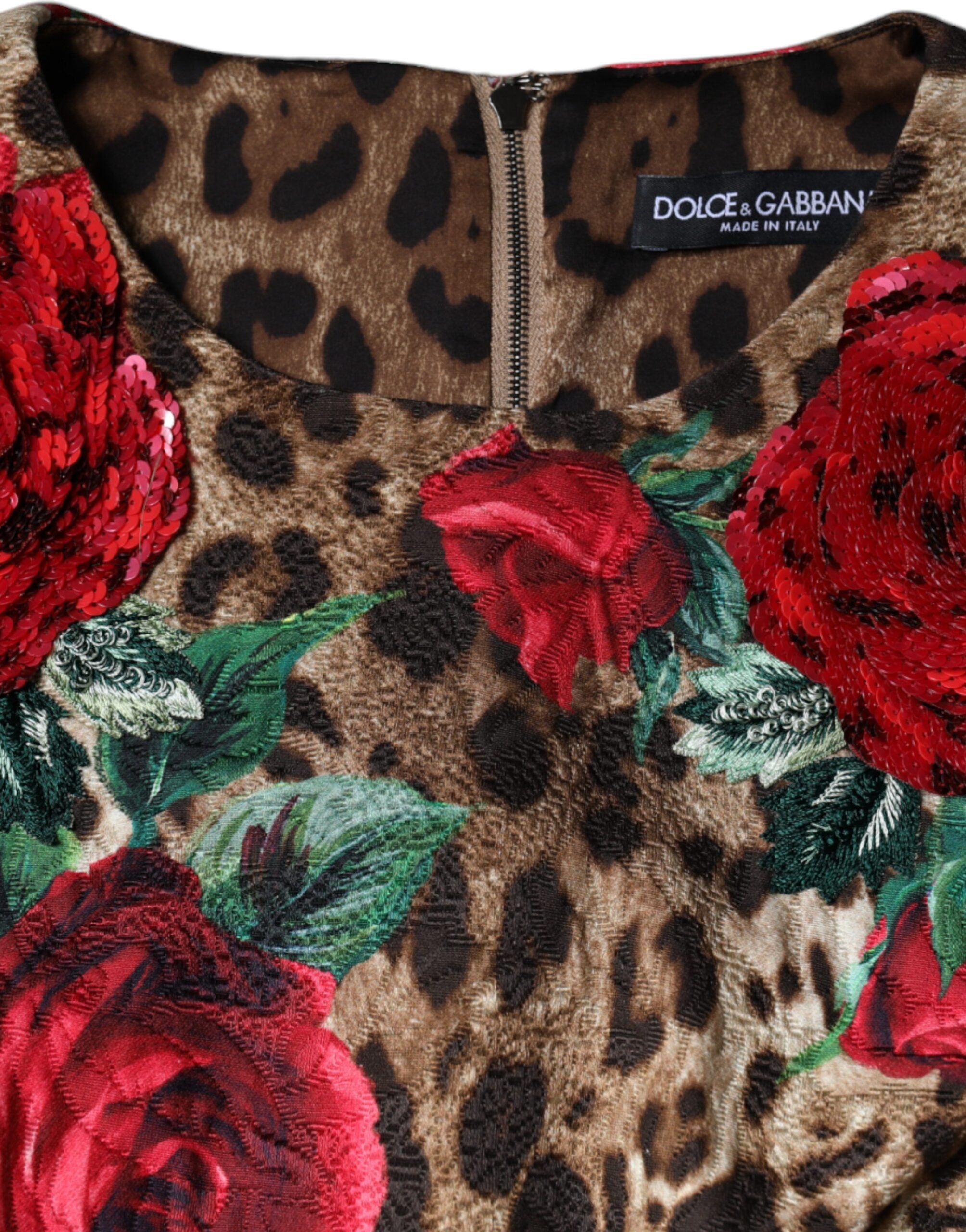 Brown Leopard Red Roses Cotton A-line Dress - ventzia