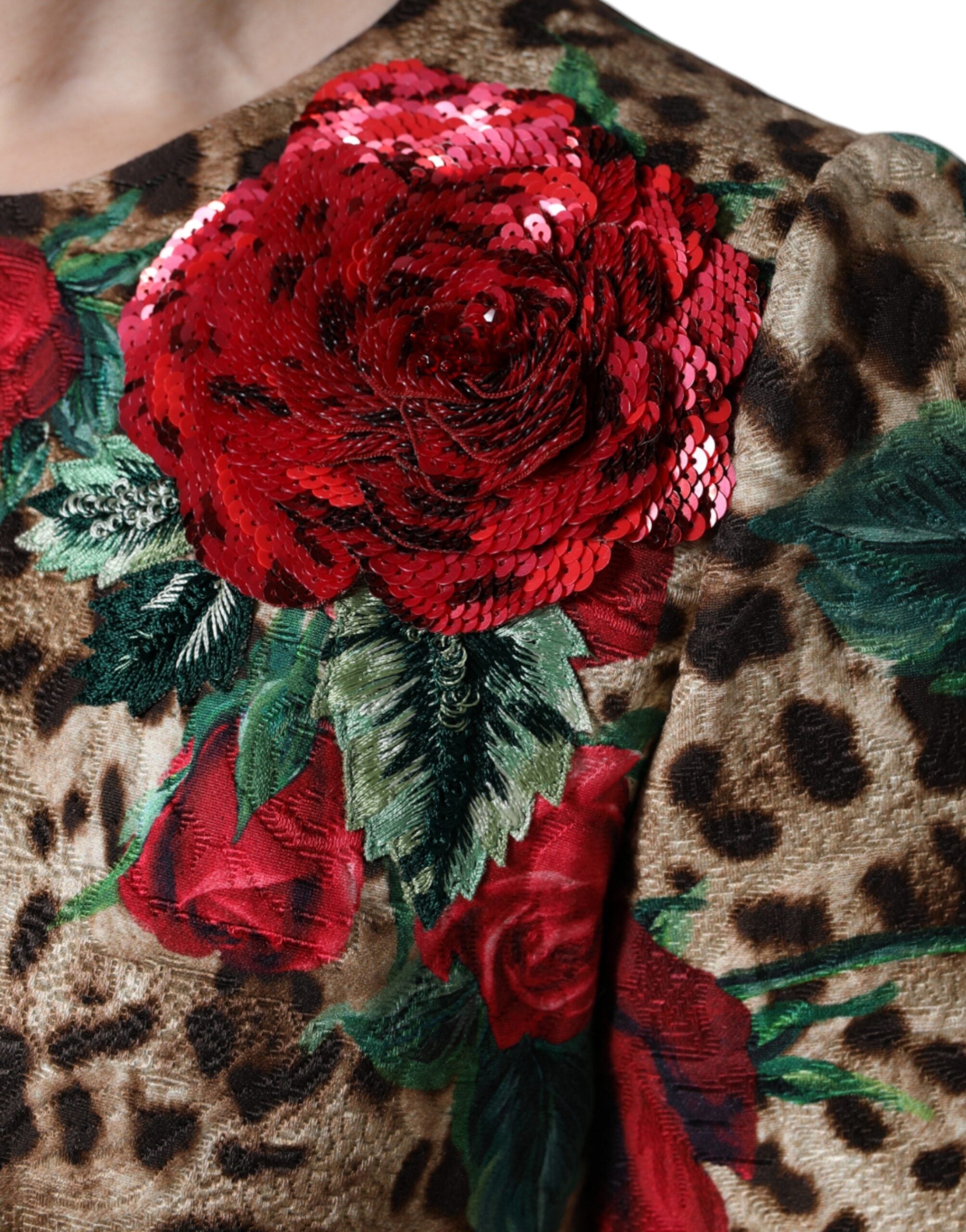 Brown Leopard Red Roses Cotton A-line Dress - ventzia
