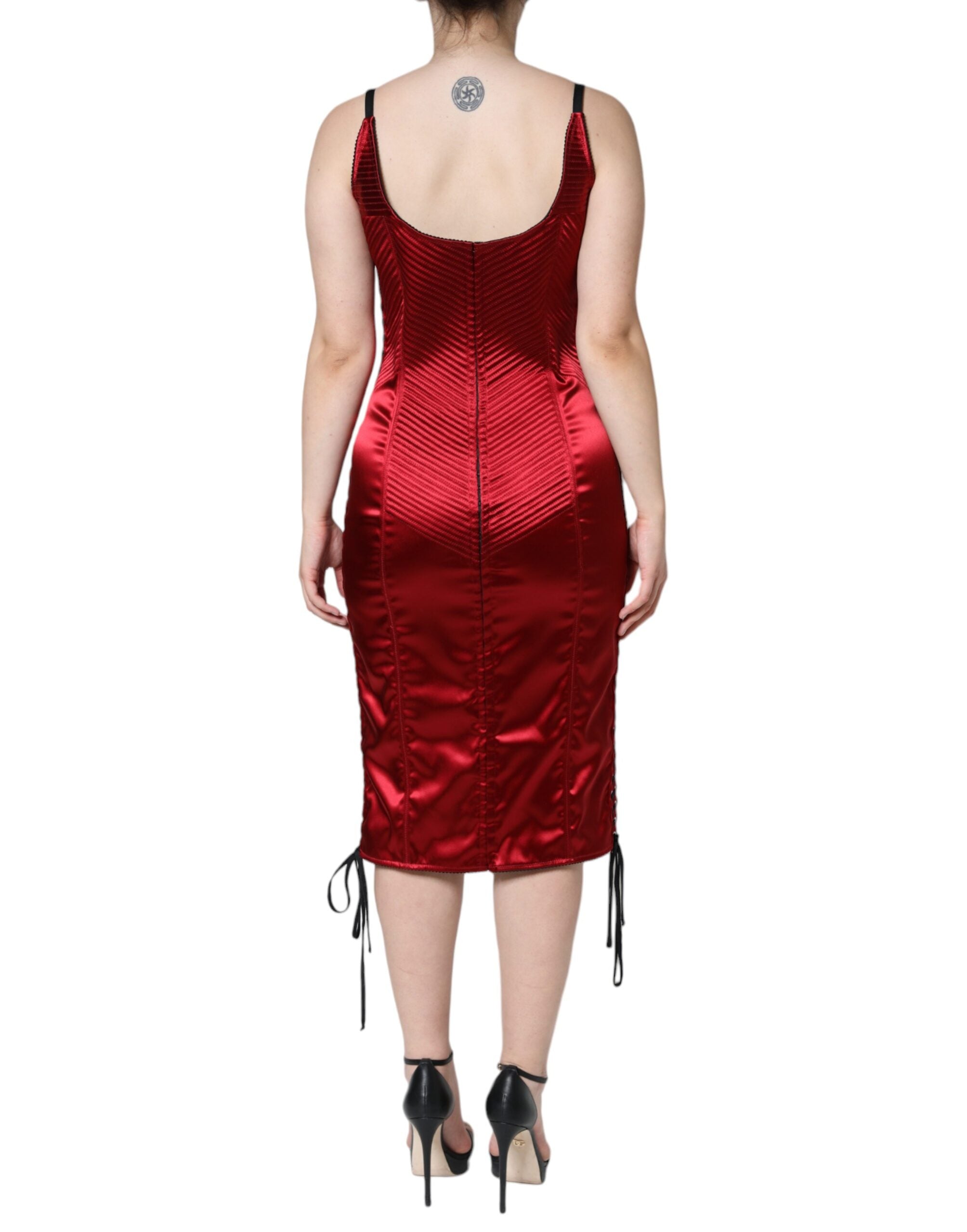 Red Bustier Corset Lace Bodycon Midi Dress - ventzia