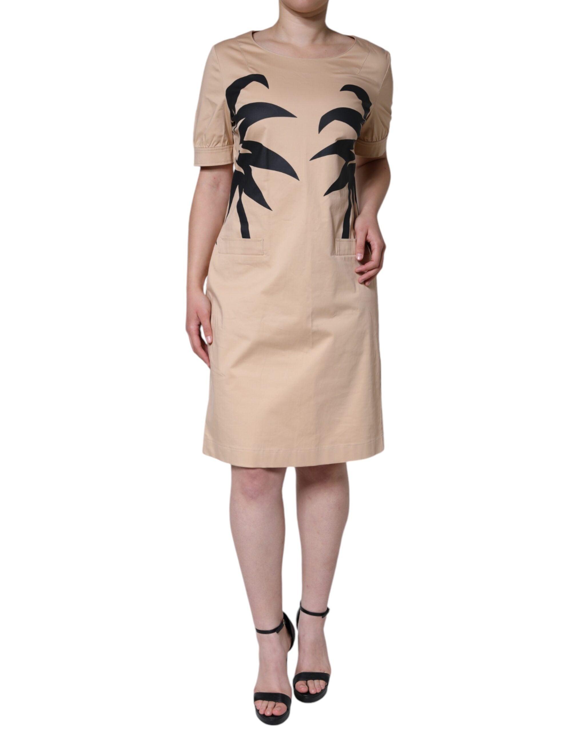 Beige Cotton Short Sleeve Knee Length Dress - ventzia