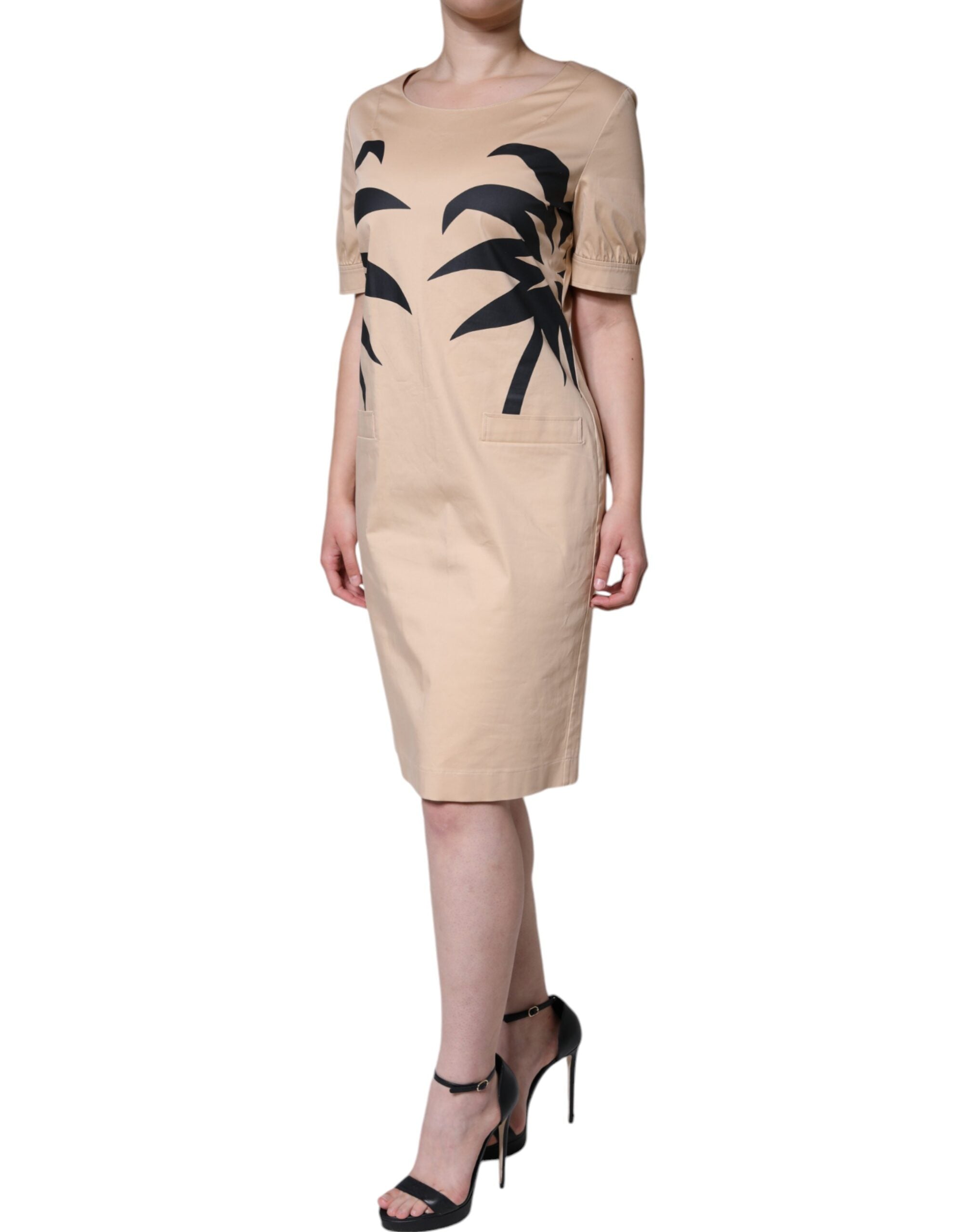 Beige Cotton Short Sleeve Knee Length Dress - ventzia