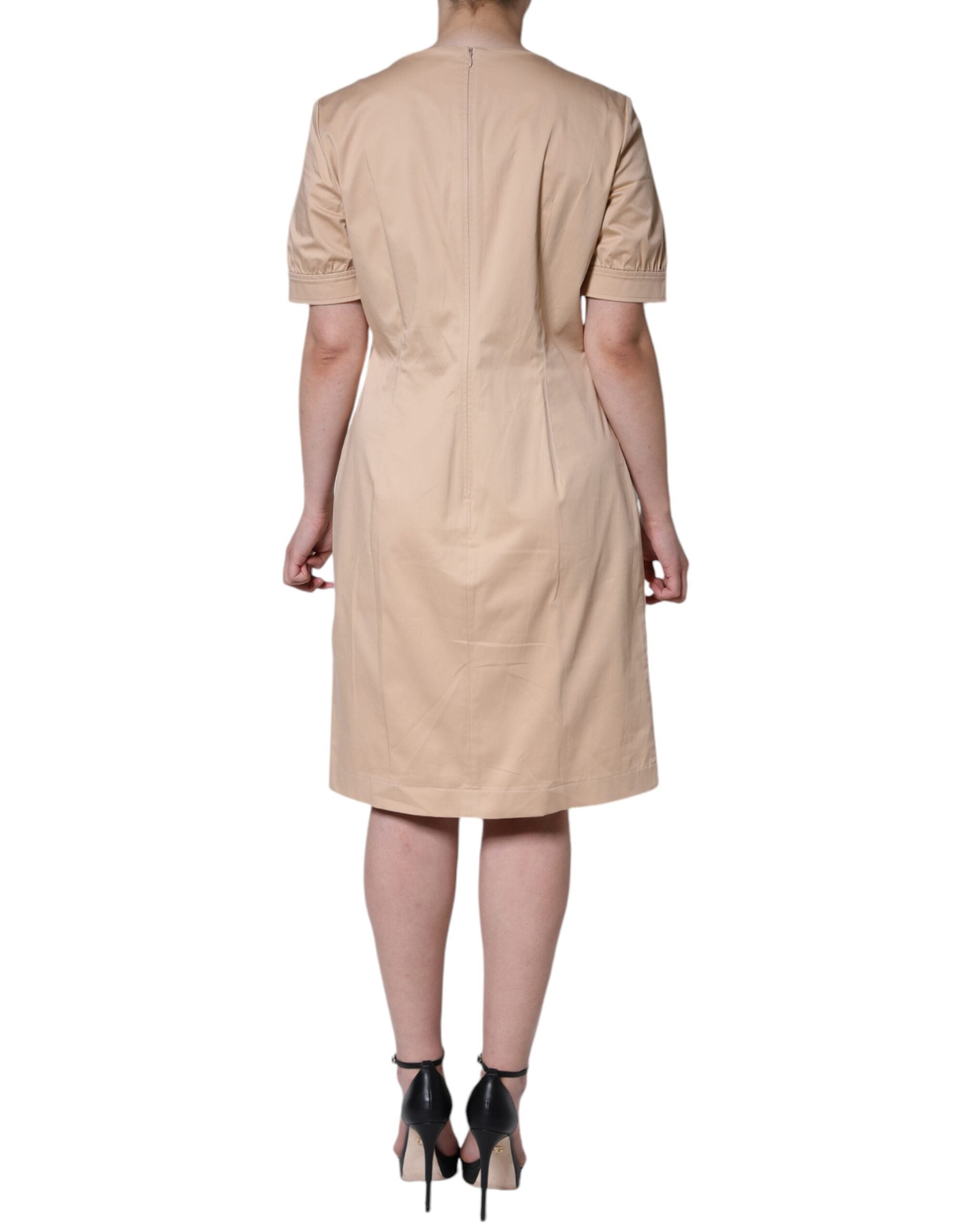 Beige Cotton Short Sleeve Knee Length Dress - ventzia