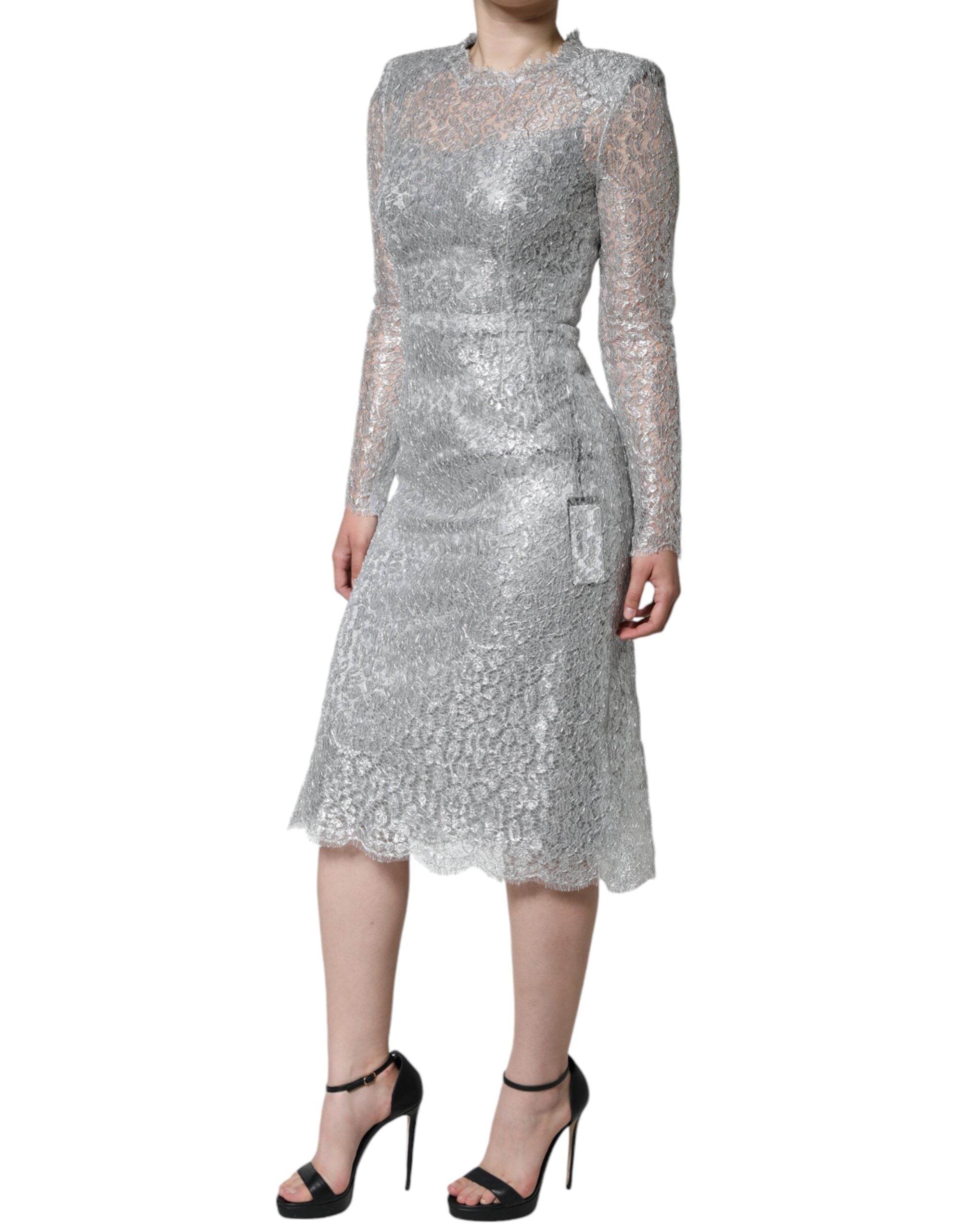 Silver Floral Lace Bodycon Sheath Midi Dress - ventzia