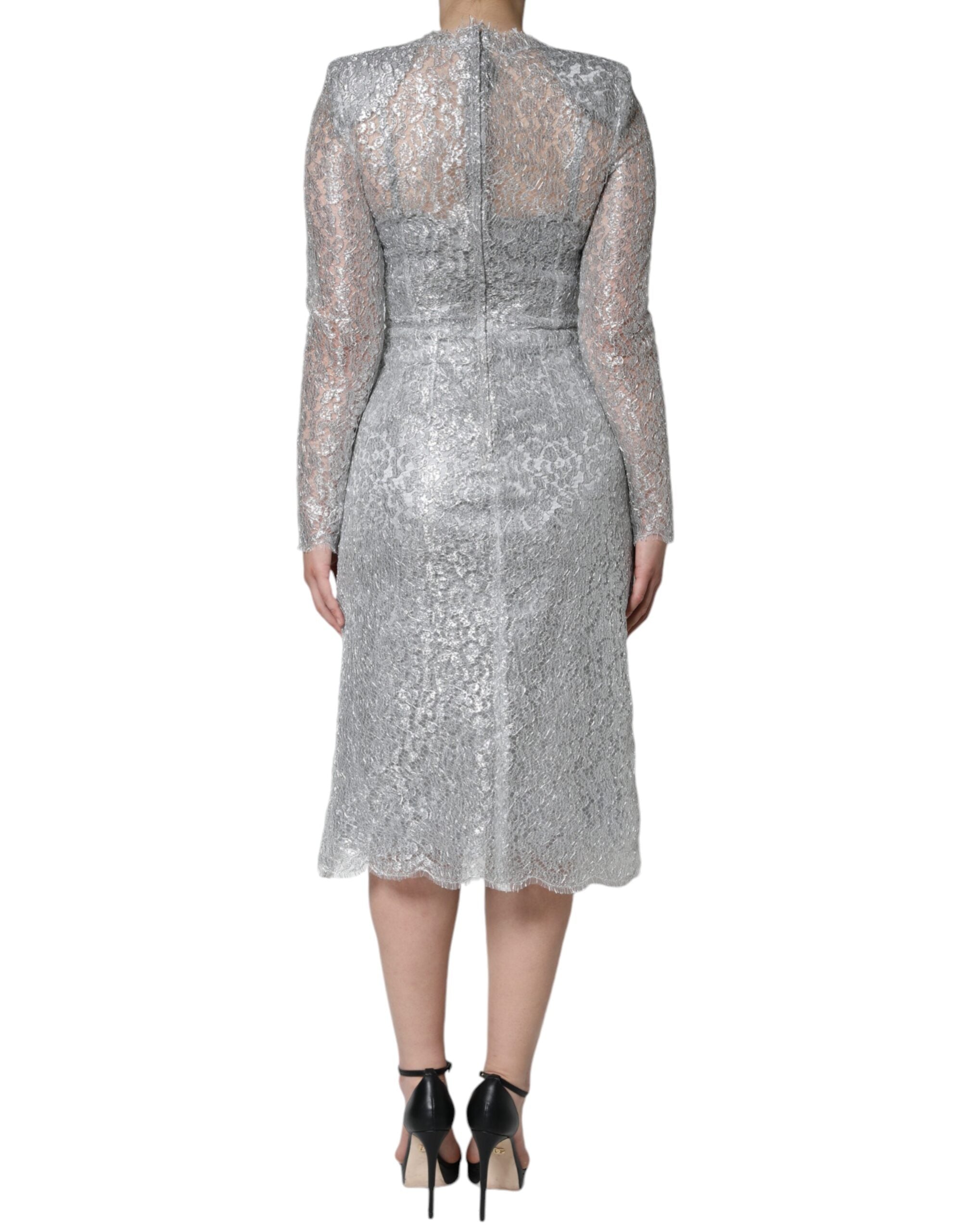 Silver Floral Lace Bodycon Sheath Midi Dress - ventzia