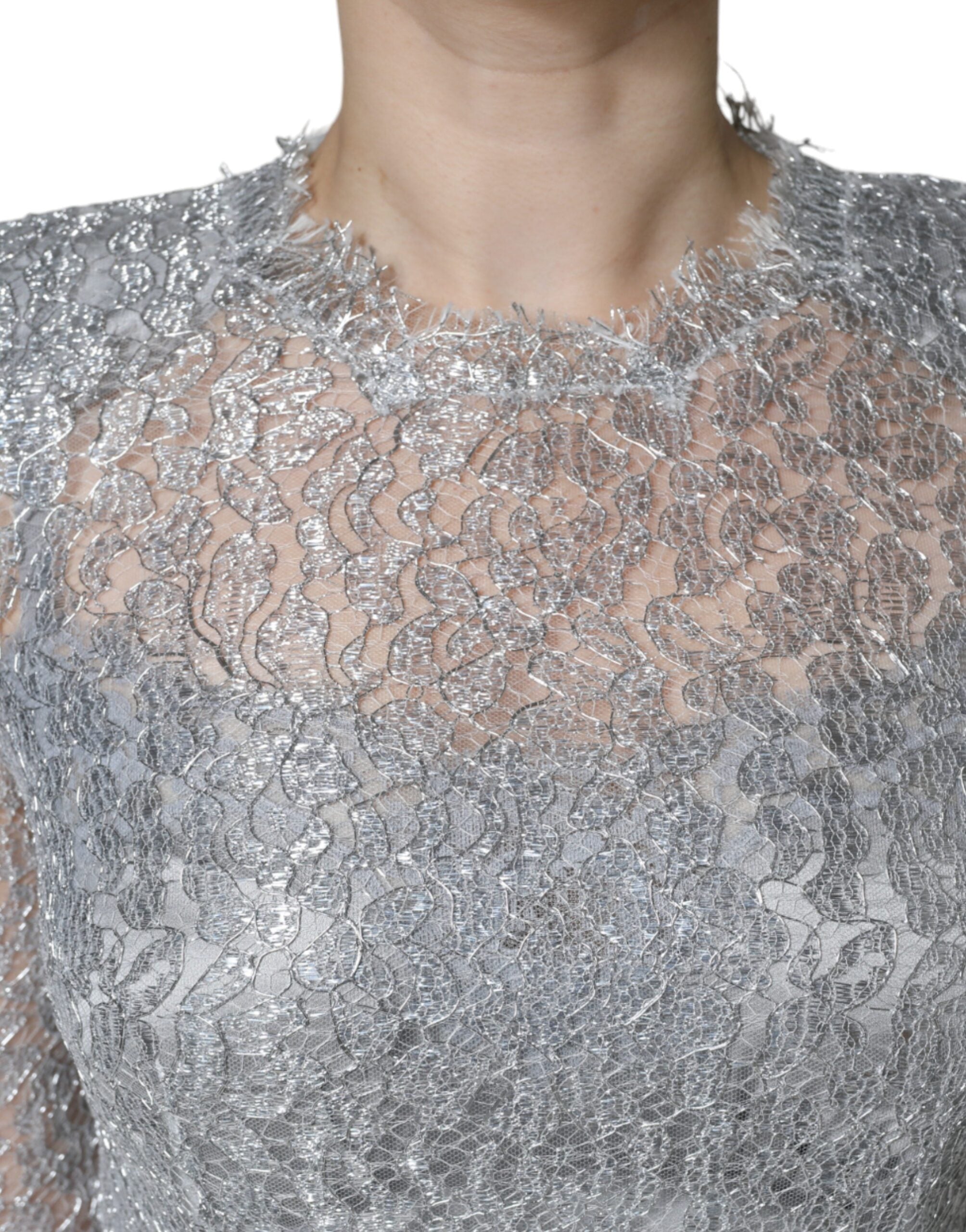 Silver Floral Lace Bodycon Sheath Midi Dress - ventzia