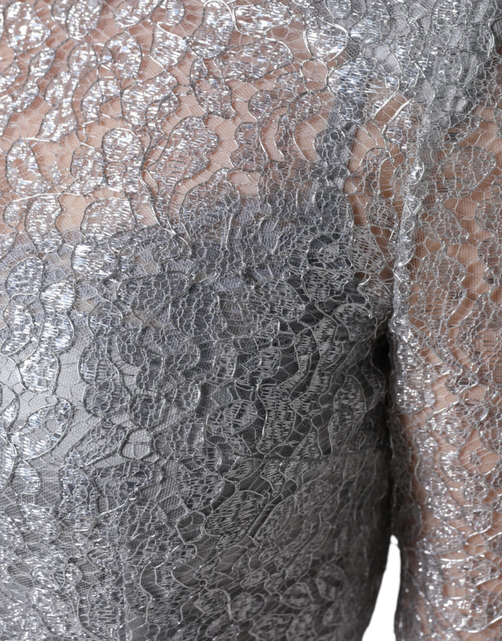 Silver Floral Lace Bodycon Sheath Midi Dress - ventzia