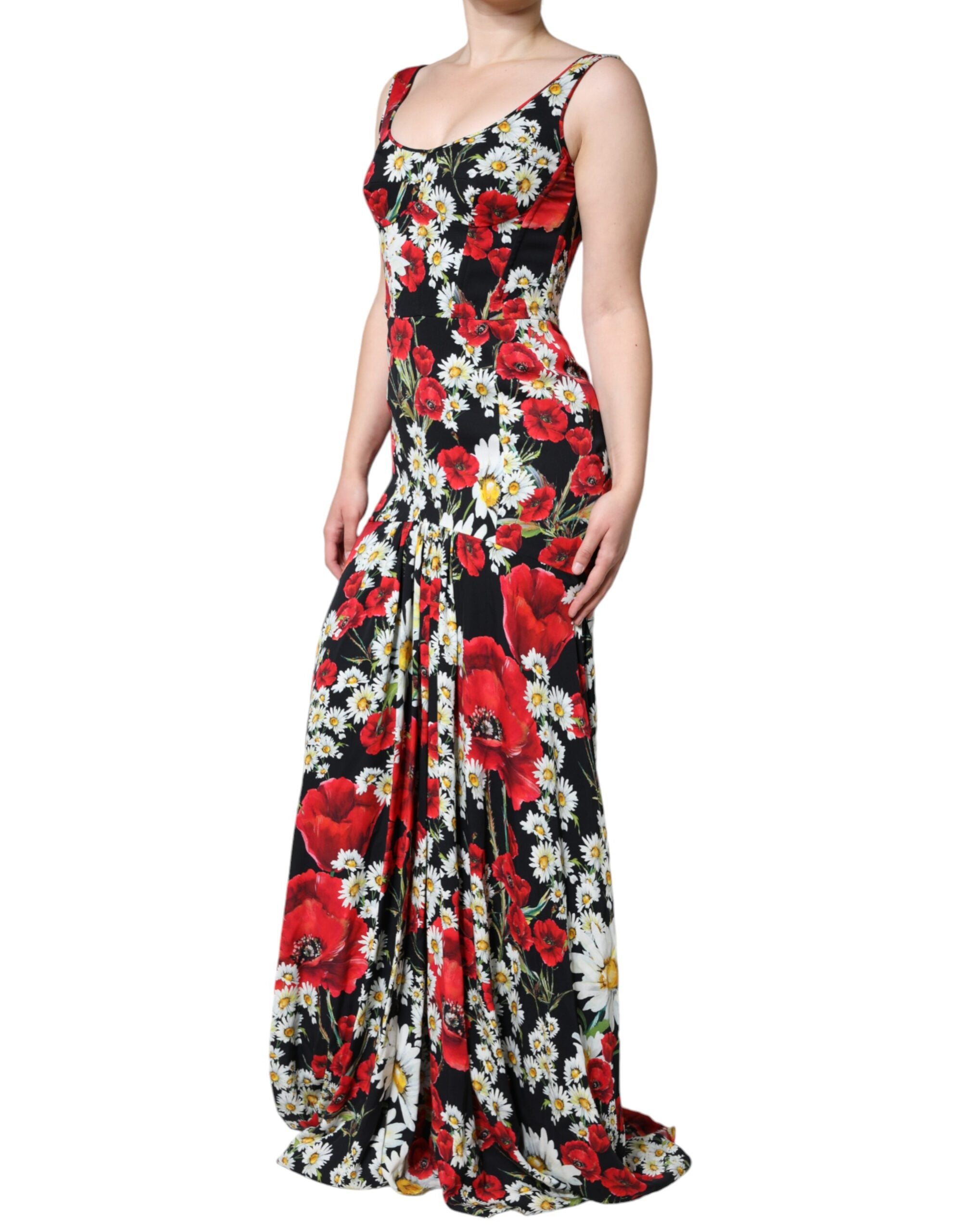 Black Floral Silk Sleeveless Long Gown Dress - ventzia