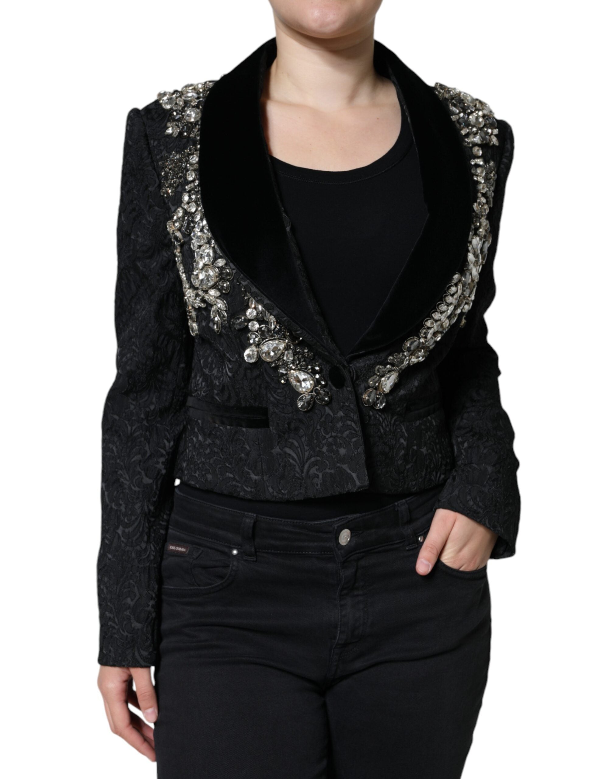 Black Jacquard Crystal Floral Jacket Blazer - ventzia