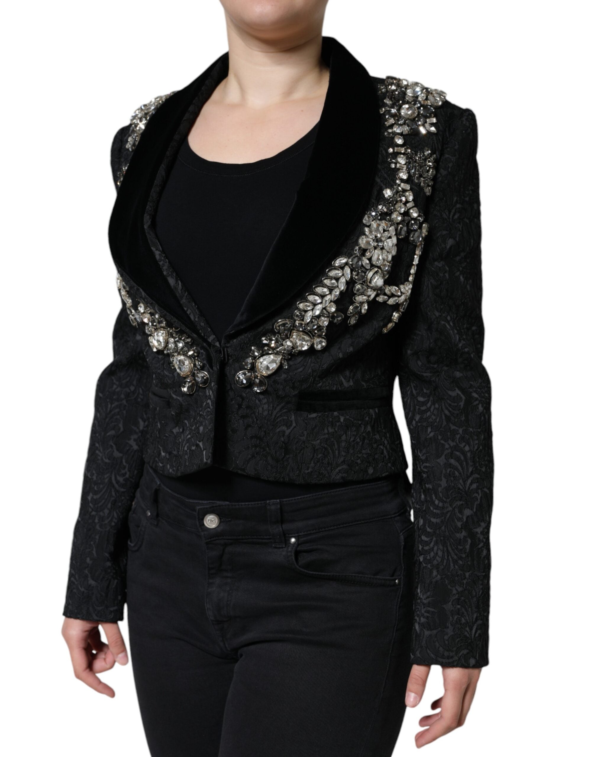 Black Jacquard Crystal Floral Jacket Blazer - ventzia