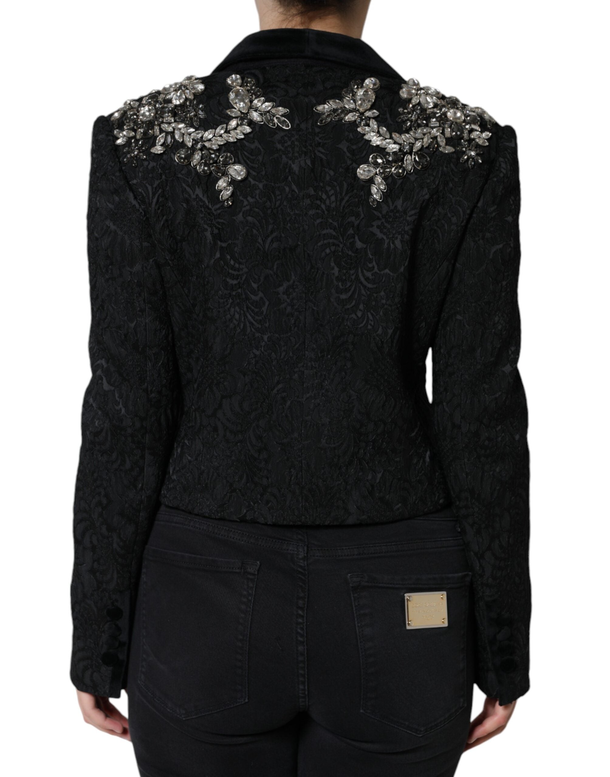 Black Jacquard Crystal Floral Jacket Blazer - ventzia