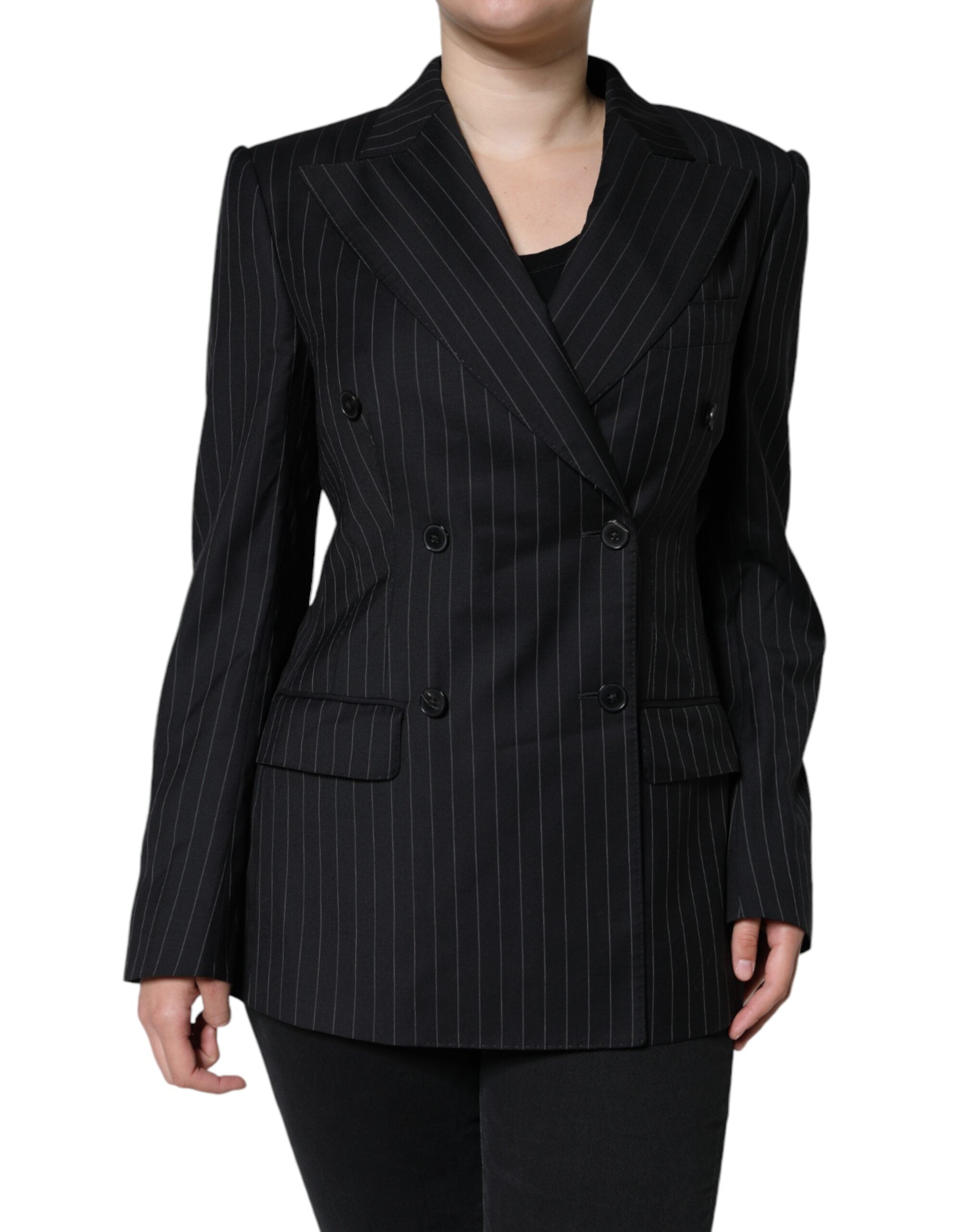 Black Striped Double Breasted Coat Jacket - ventzia