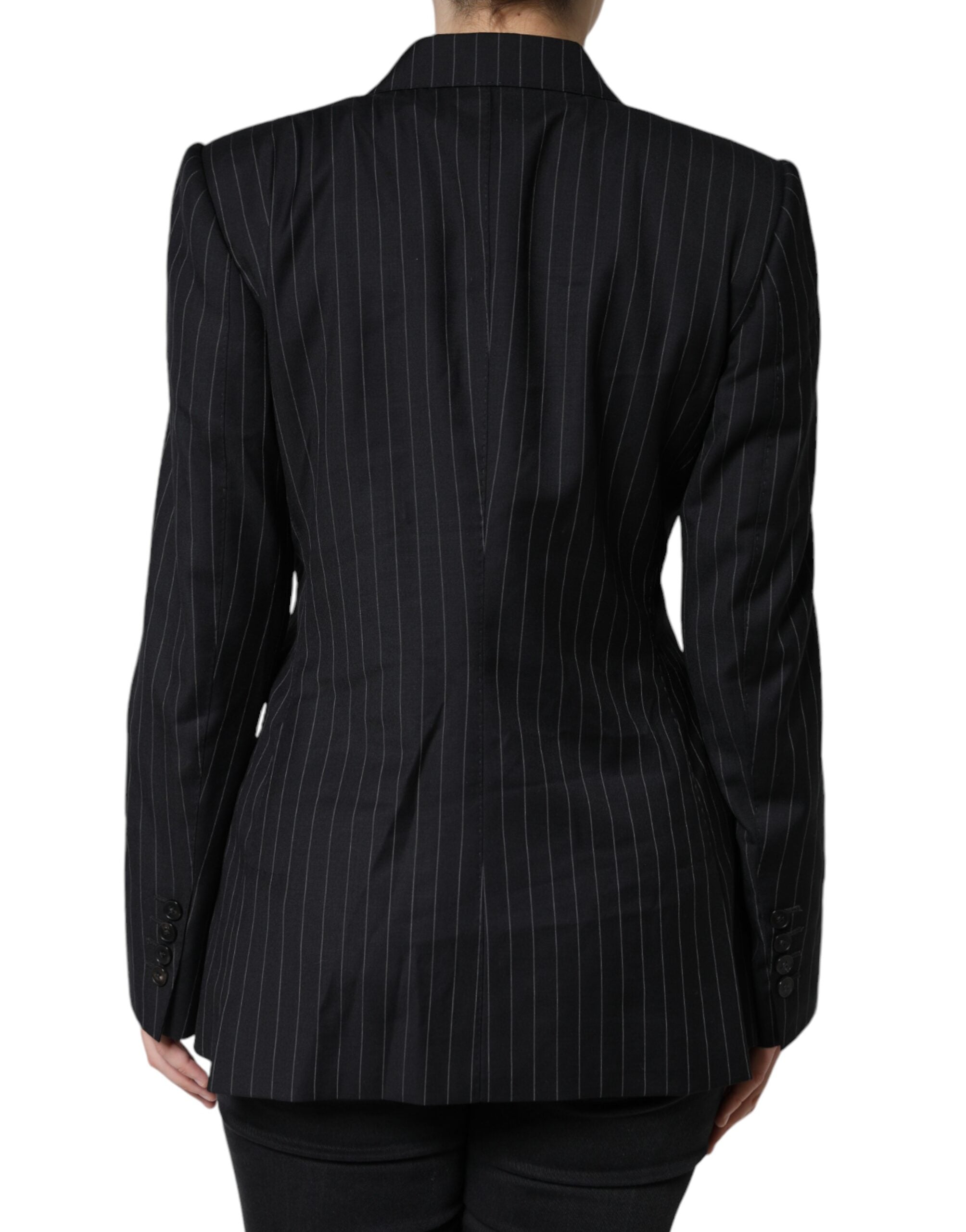 Black Striped Double Breasted Coat Jacket - ventzia