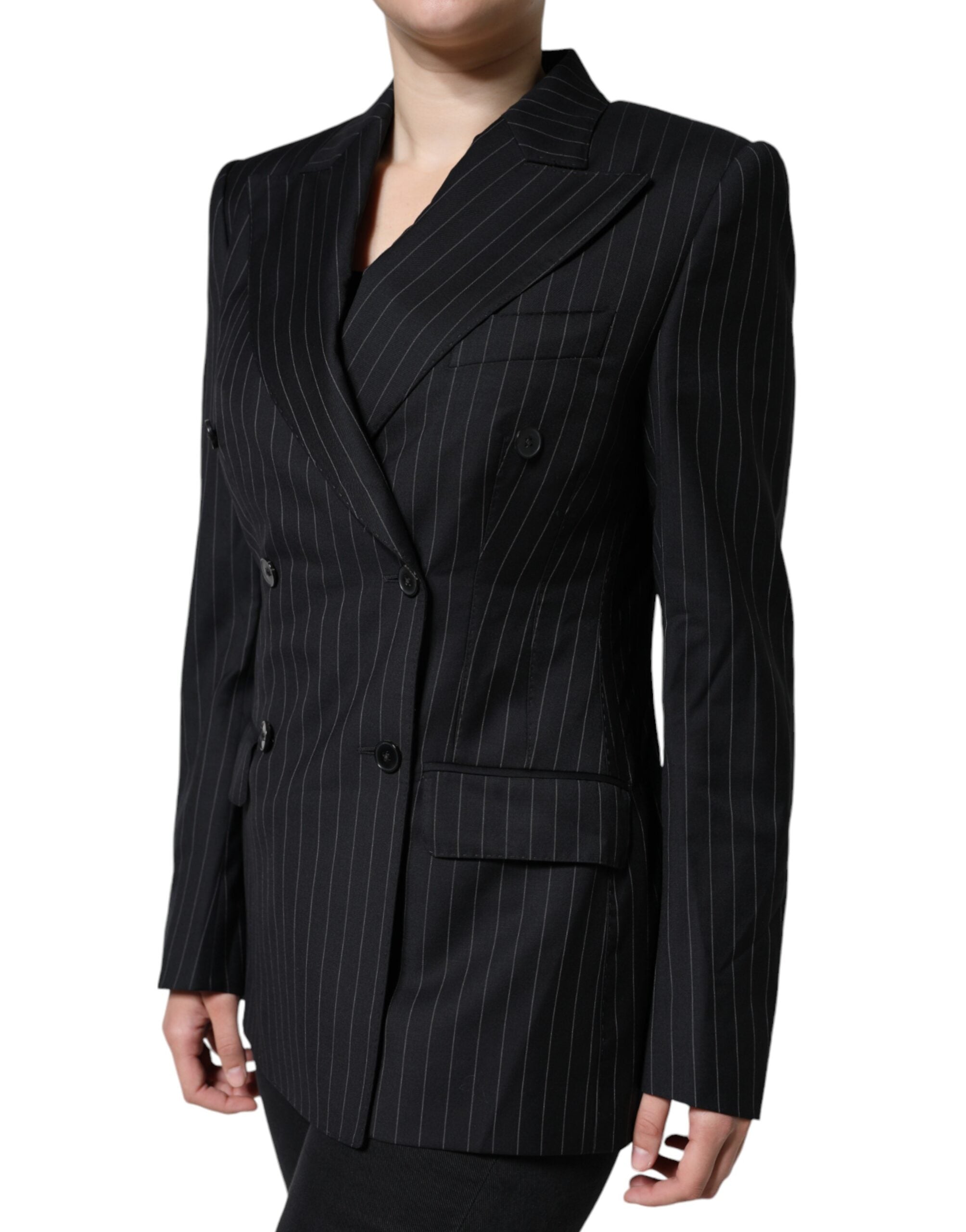 Black Striped Double Breasted Coat Jacket - ventzia