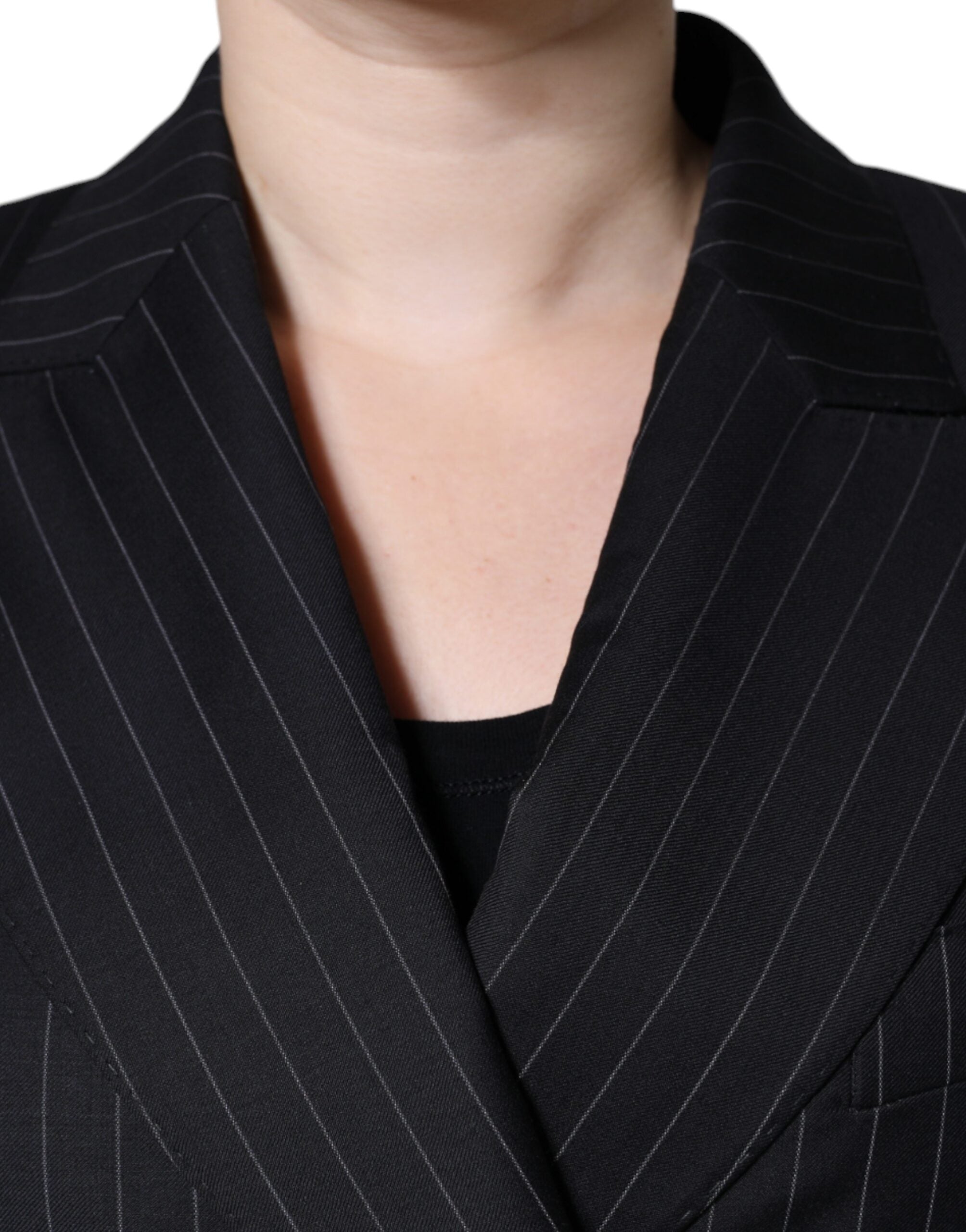 Black Striped Double Breasted Coat Jacket - ventzia