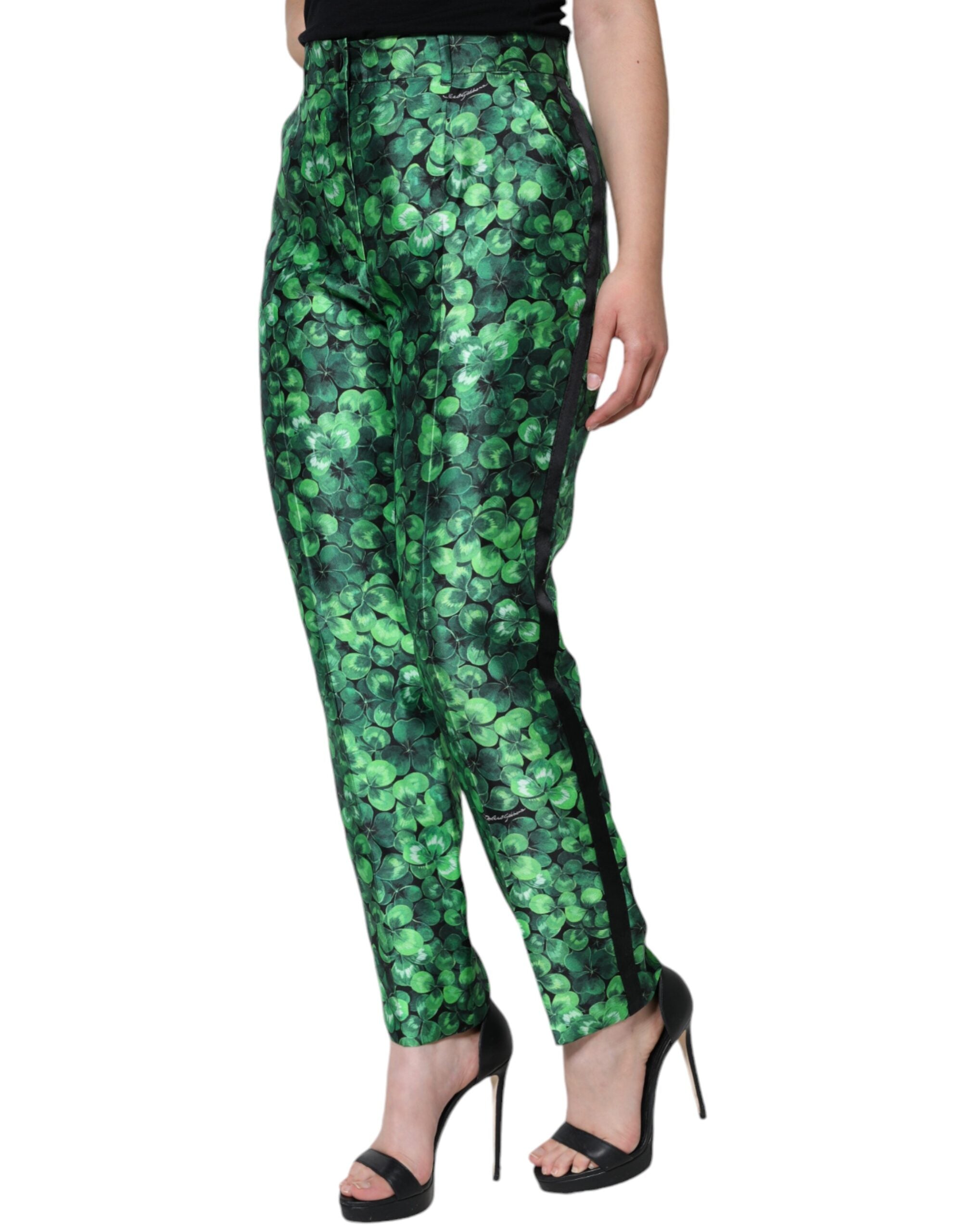 Green Clover Silk Satin High Waist Tapered Pants - ventzia