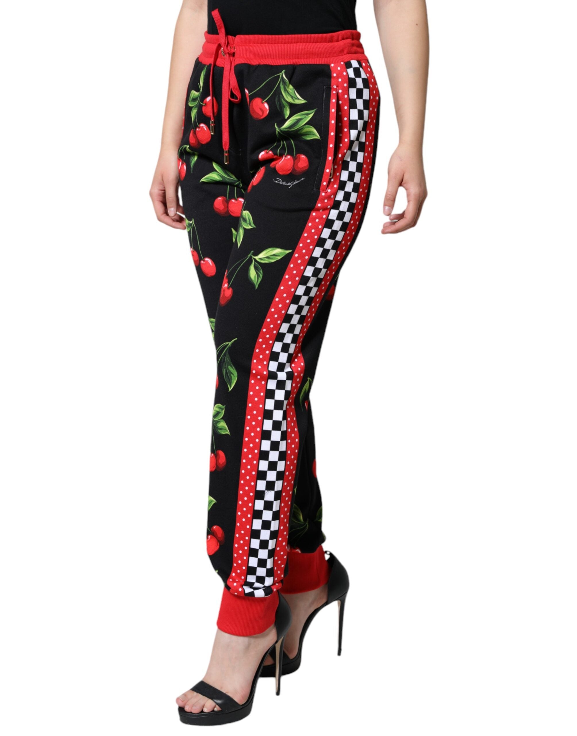 Black Red Cherry Mid Waist Jogger Pants - ventzia