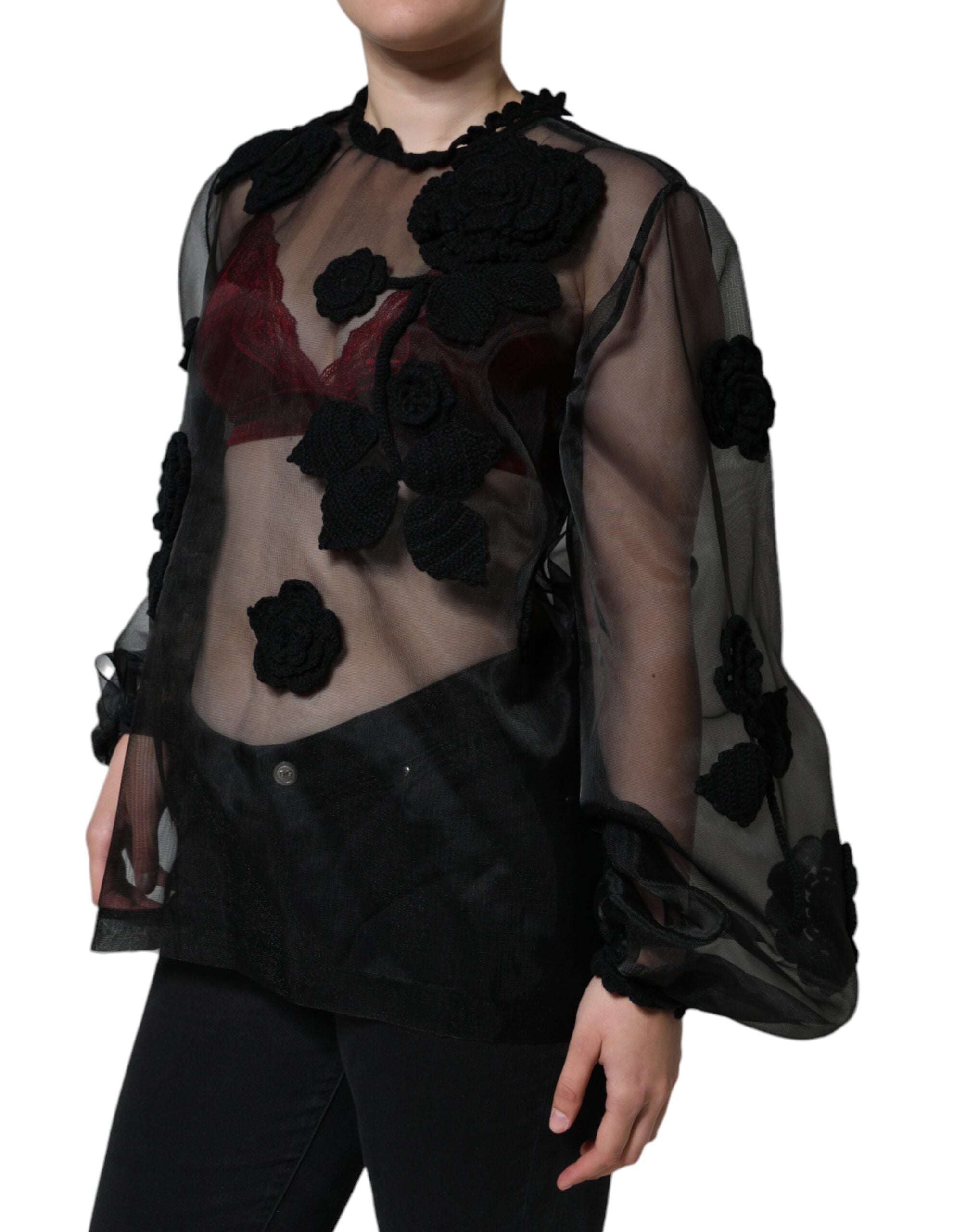 Black Nylon Mesh Transparent Floral Blouse - ventzia