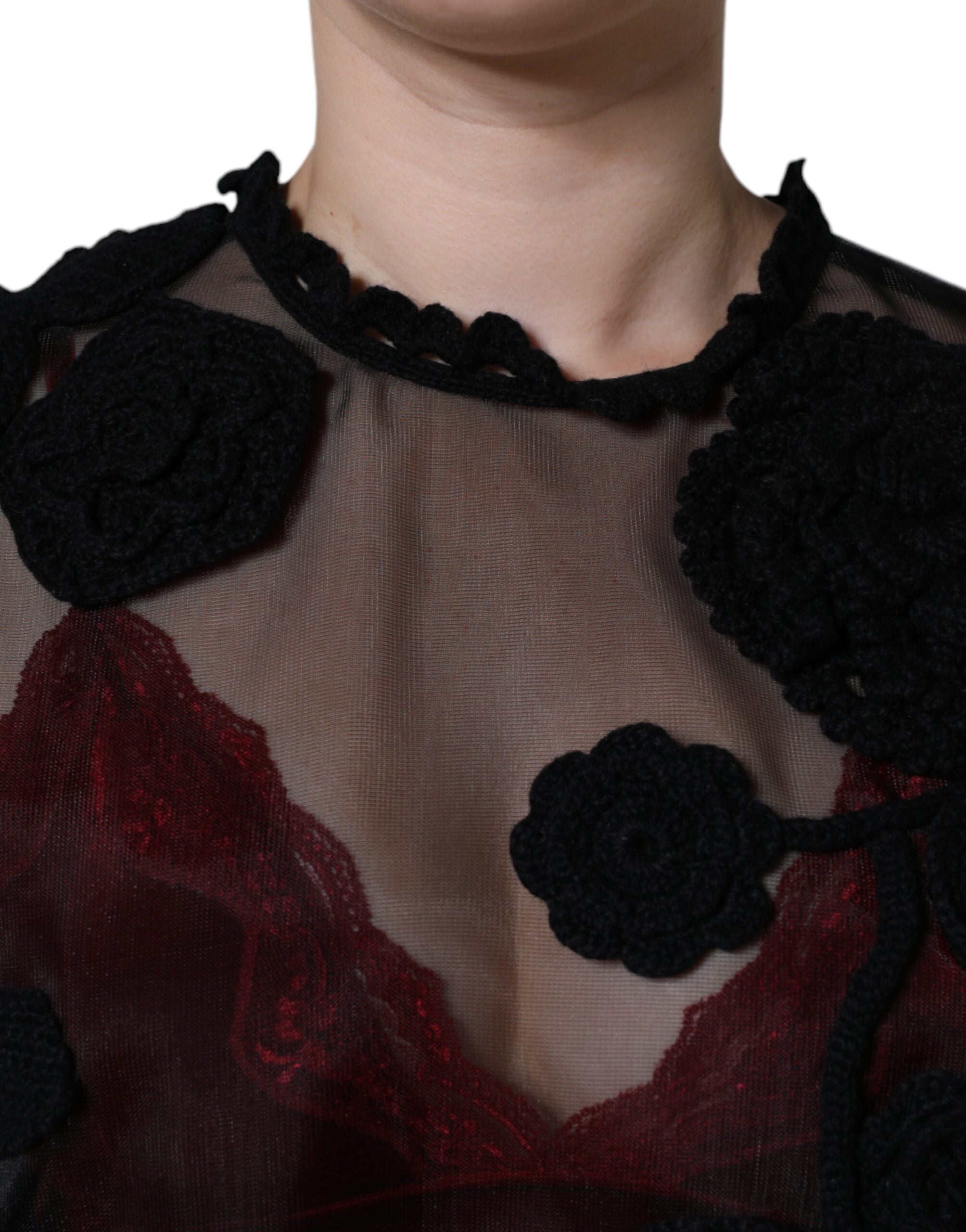 Black Nylon Mesh Transparent Floral Blouse - ventzia