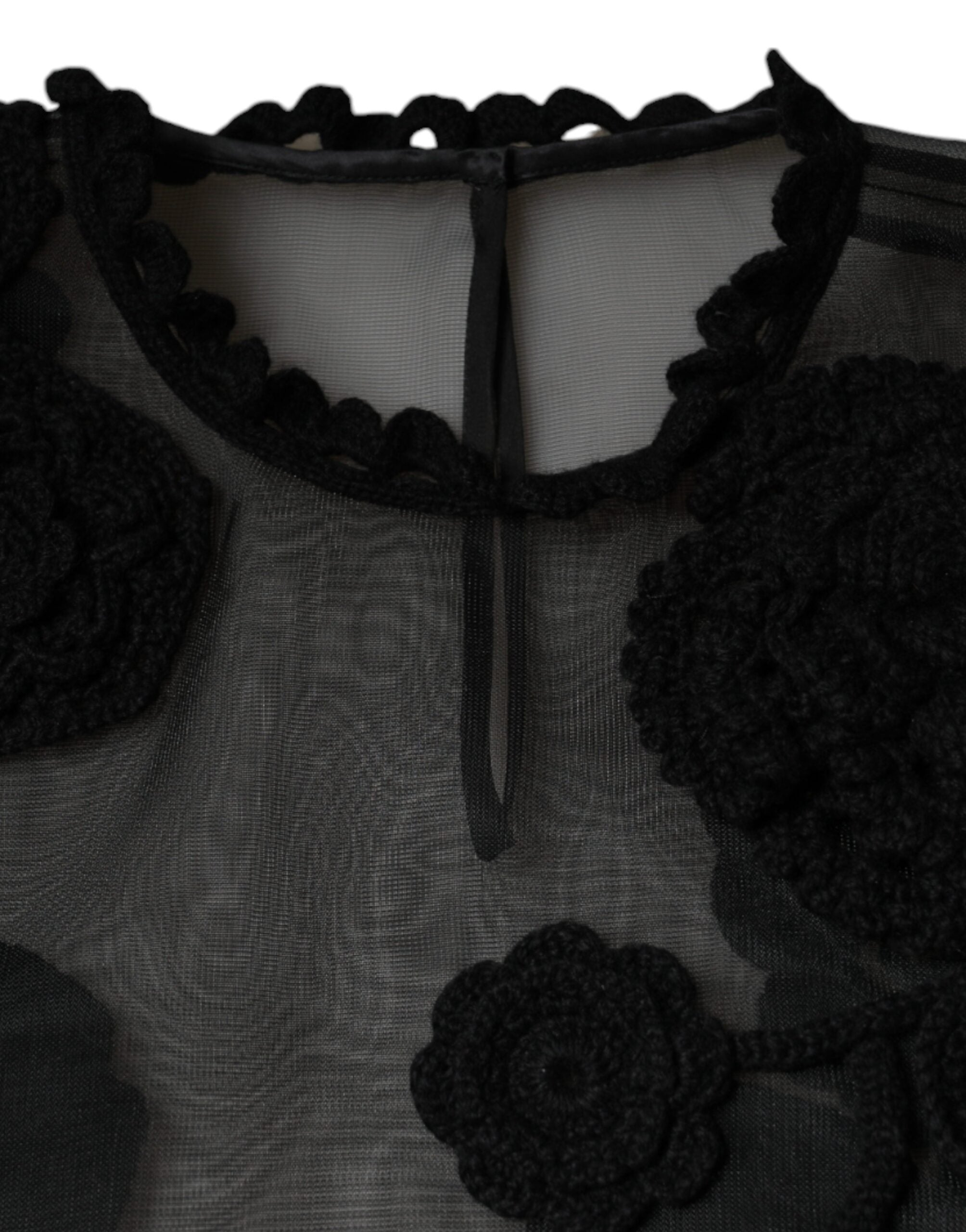 Black Nylon Mesh Transparent Floral Blouse - ventzia