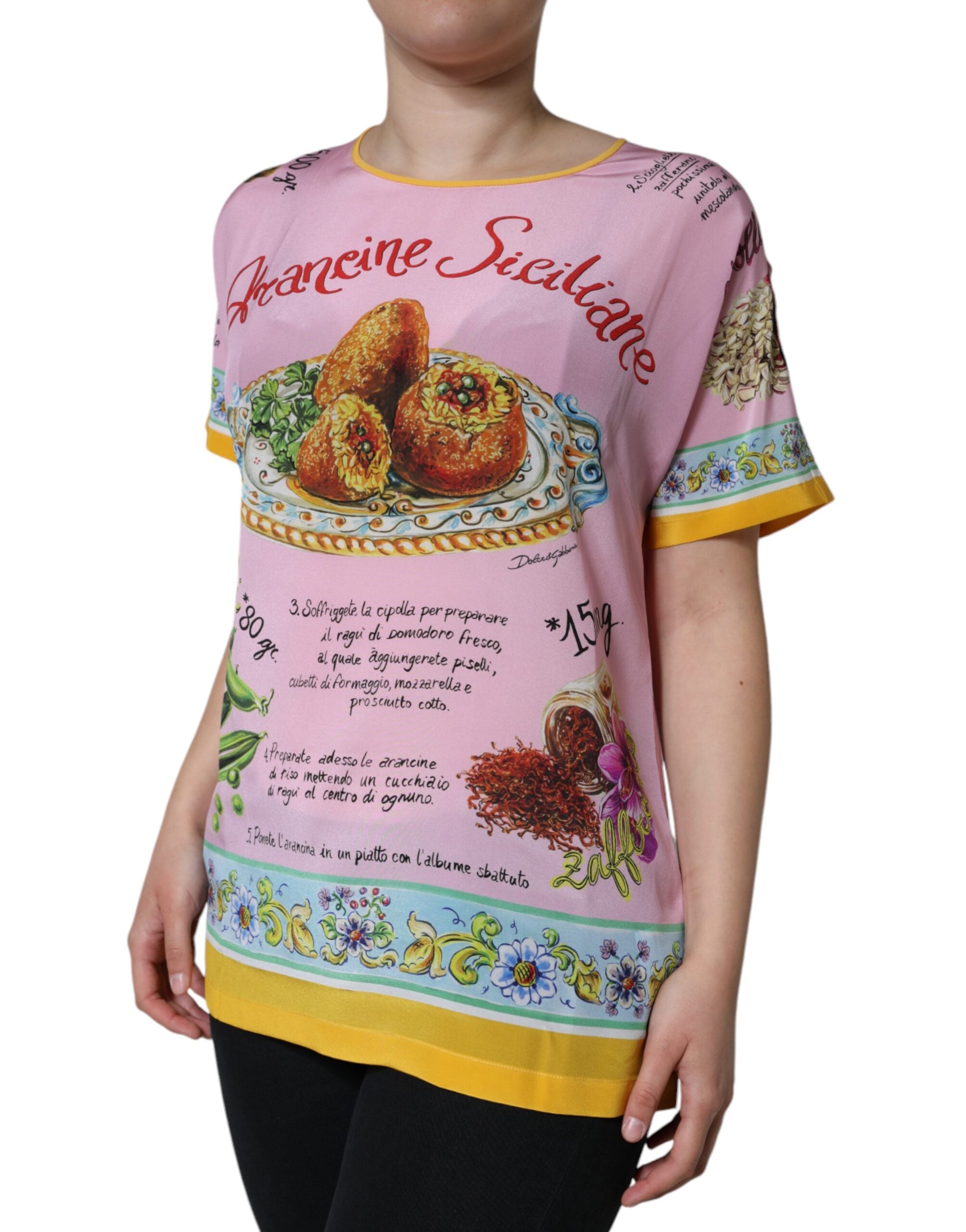 Pink Silk Araneine Siciliana Print Short Sleeves Top - ventzia