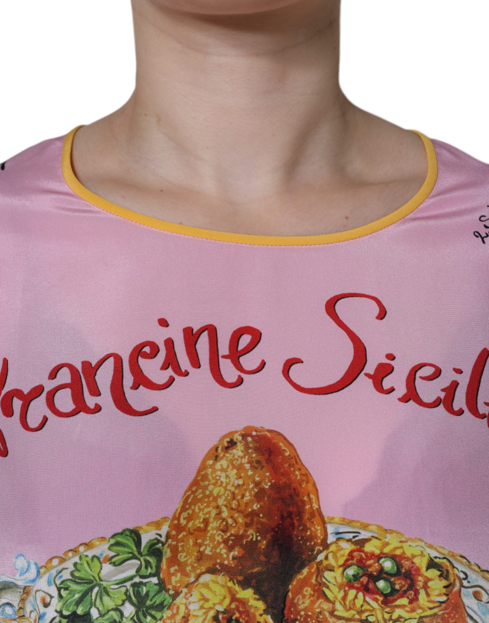 Pink Silk Araneine Siciliana Print Short Sleeves Top - ventzia