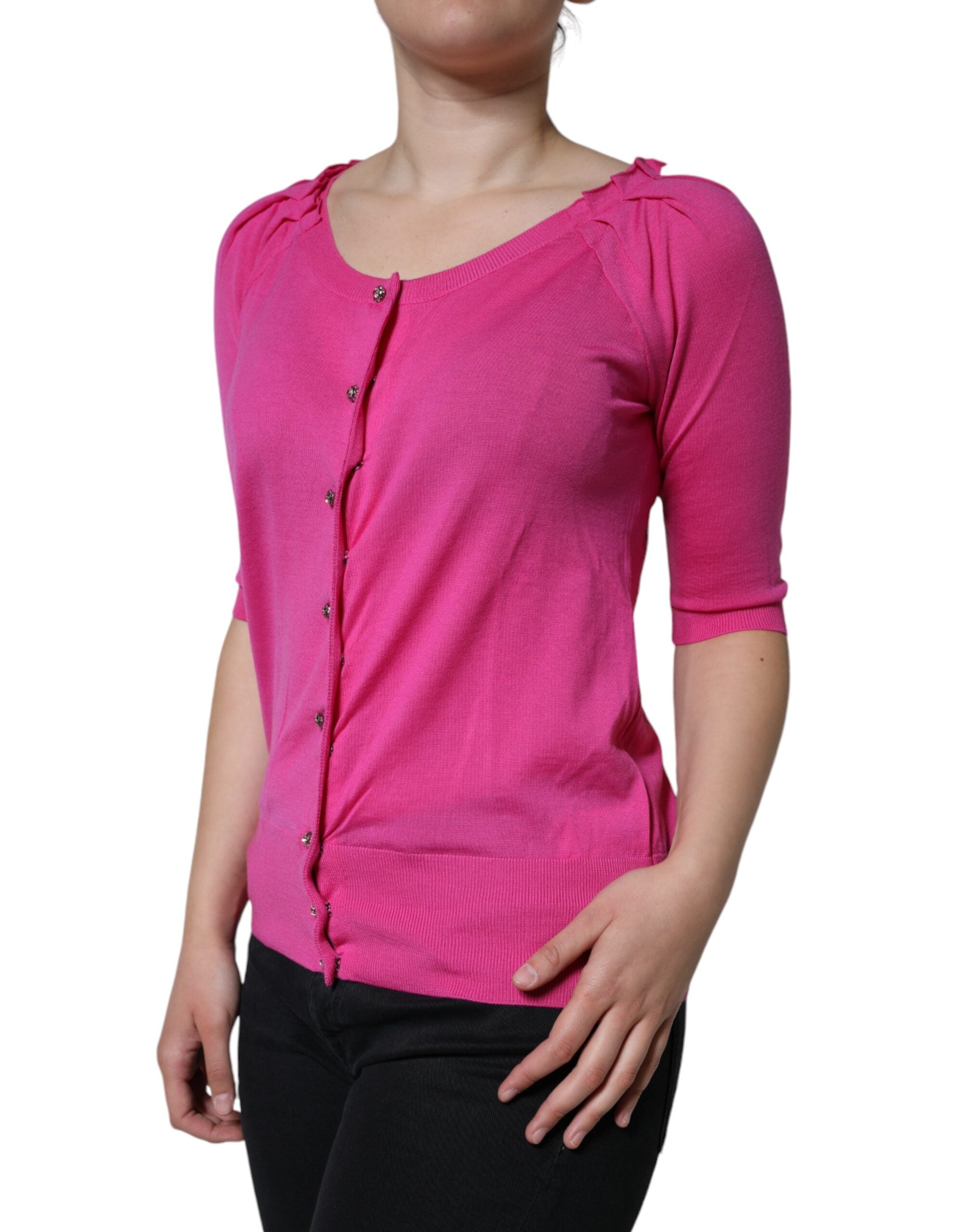 Pink Wool Button Down Short Sleeve Blouse Top - ventzia
