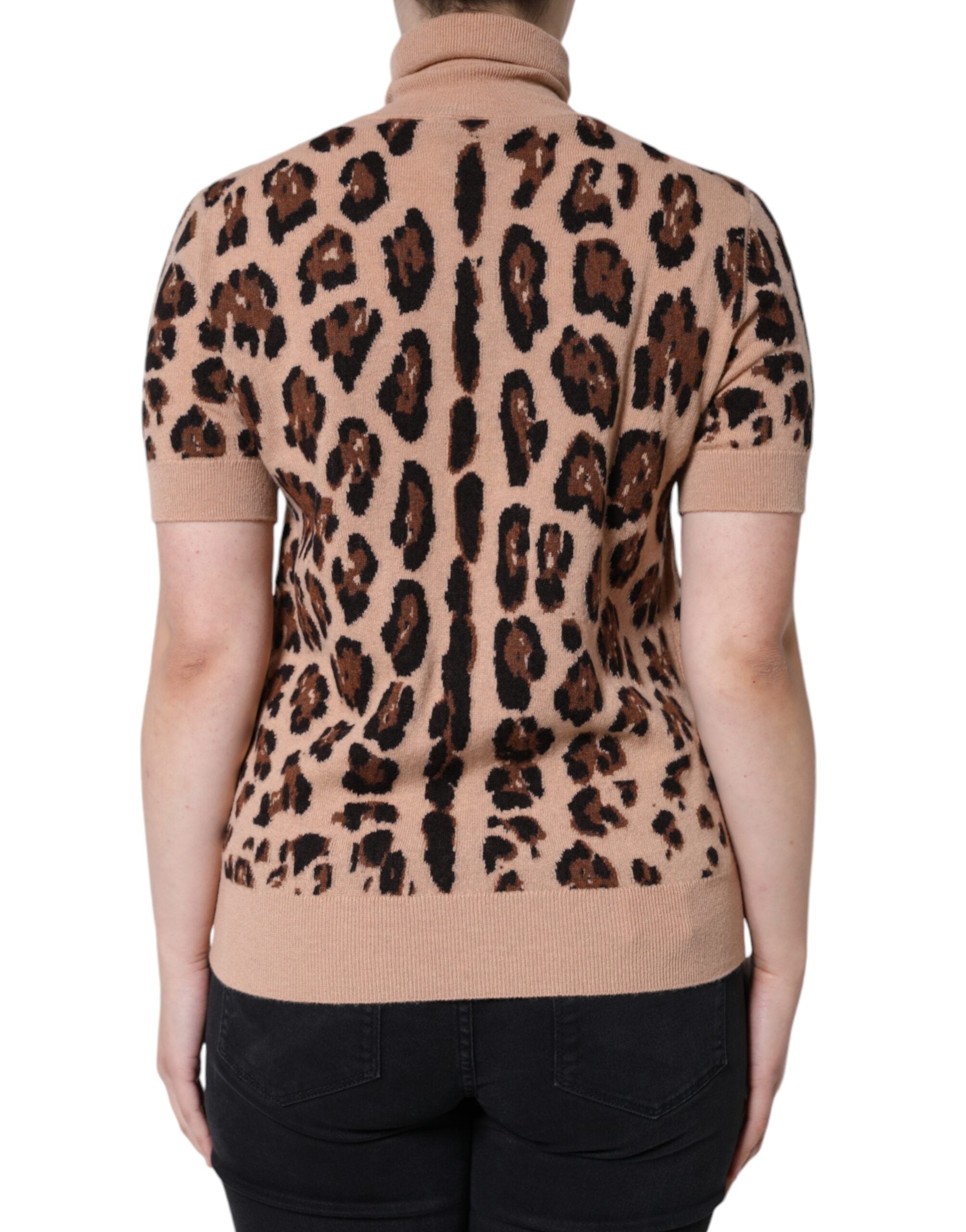 Beige Leopard Print Wool Turtleneck Top - ventzia