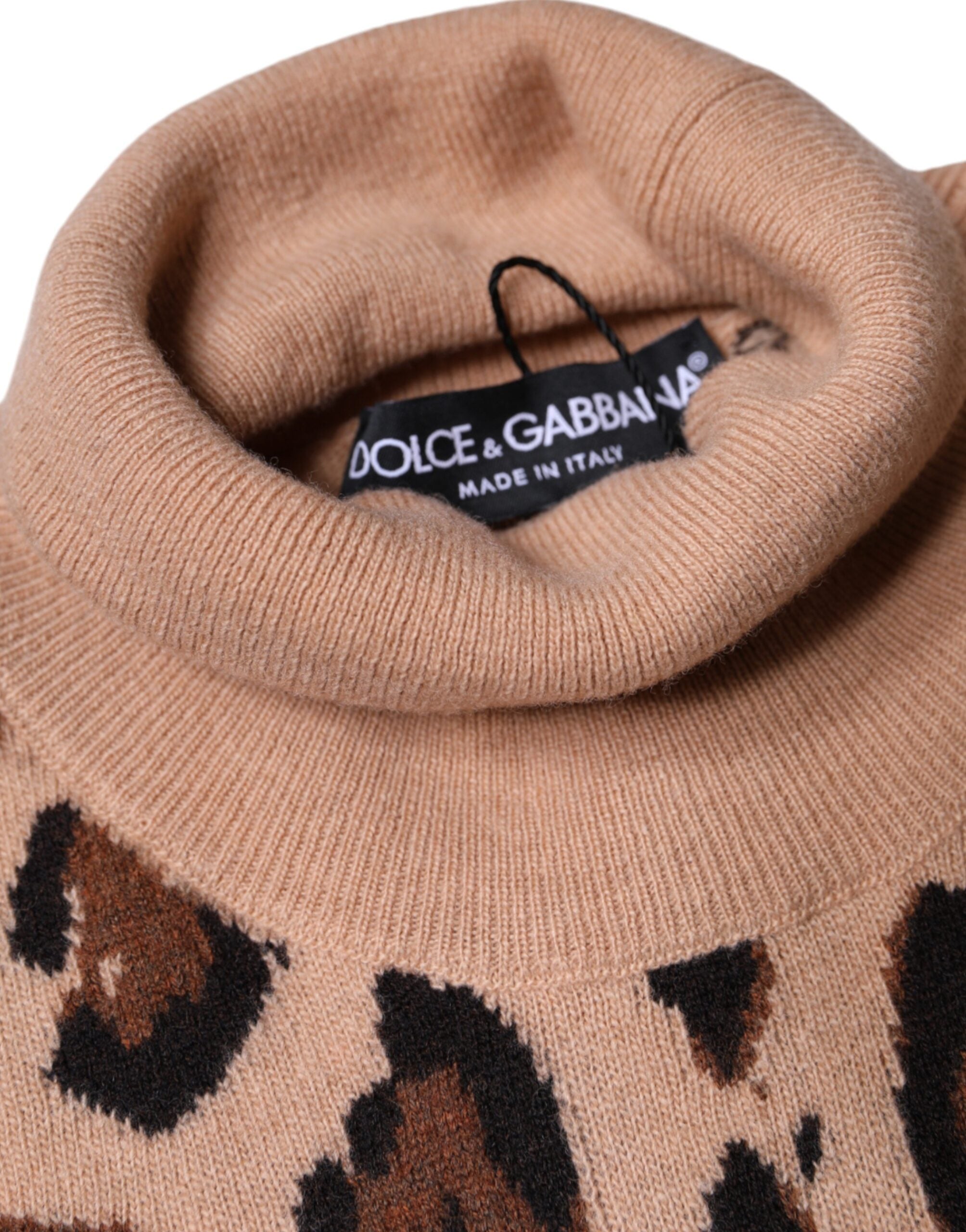 Beige Leopard Print Wool Turtleneck Top - ventzia
