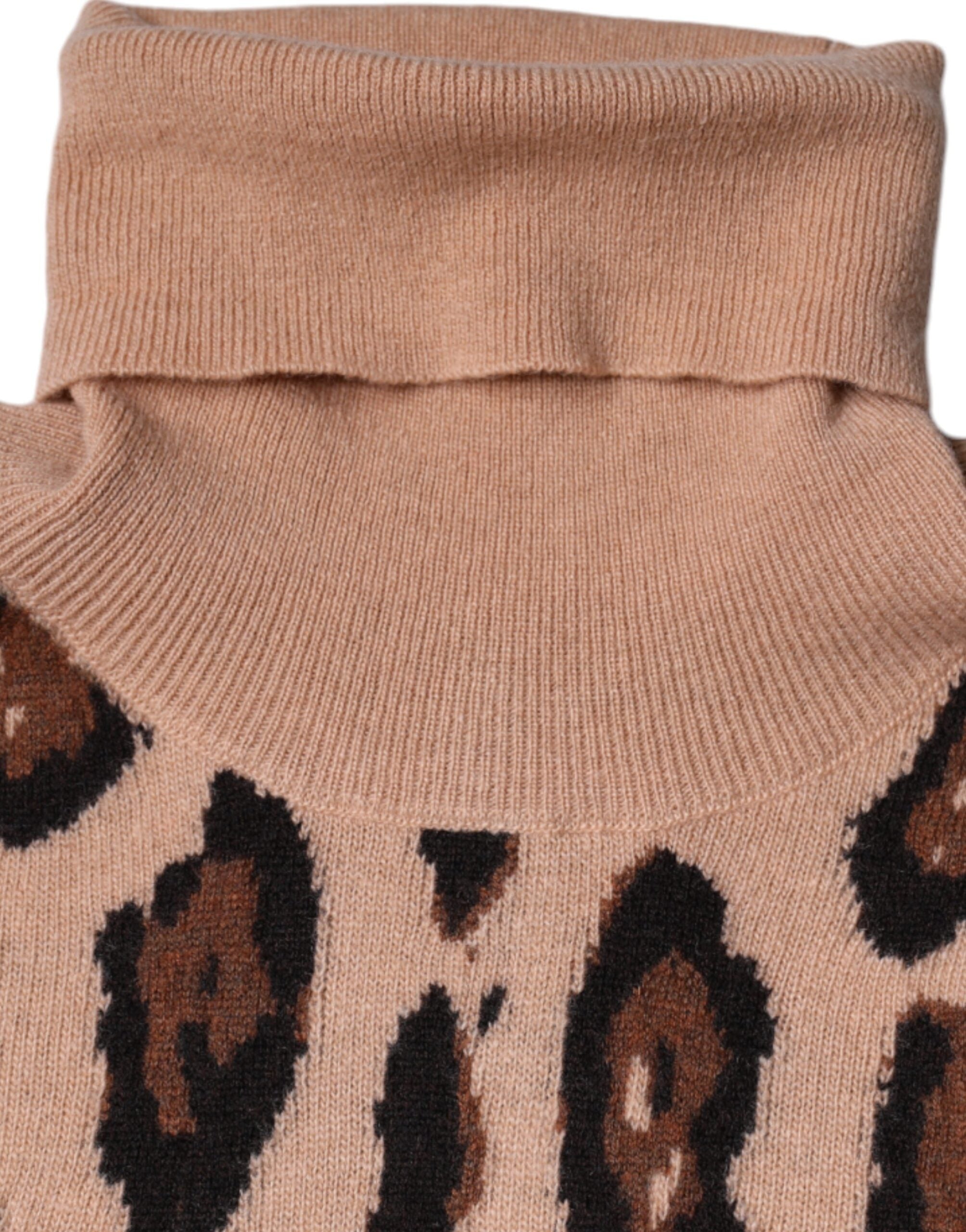 Beige Leopard Print Wool Turtleneck Top - ventzia