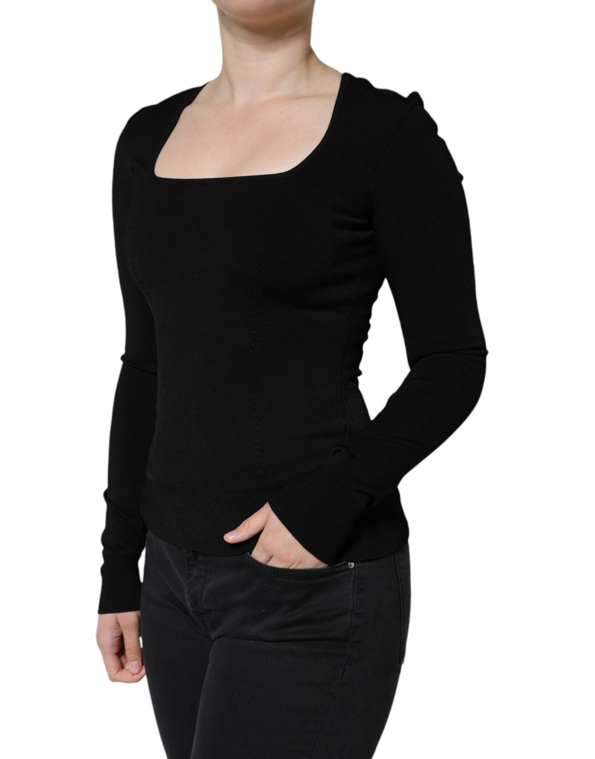 Black Long Sleeves Blouse Square Neck Top - ventzia