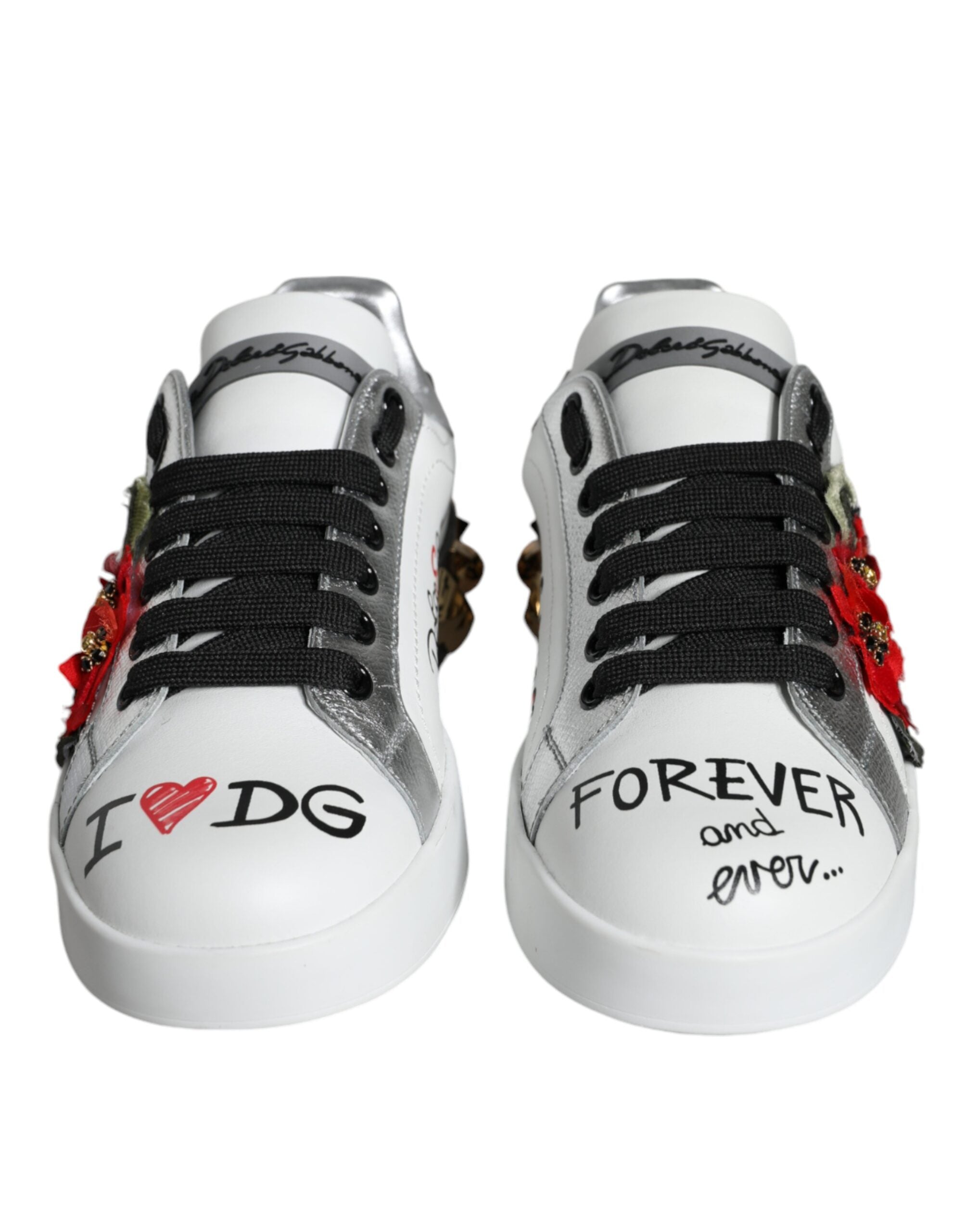 White Leather Floral Studded Sneakers Shoes - ventzia