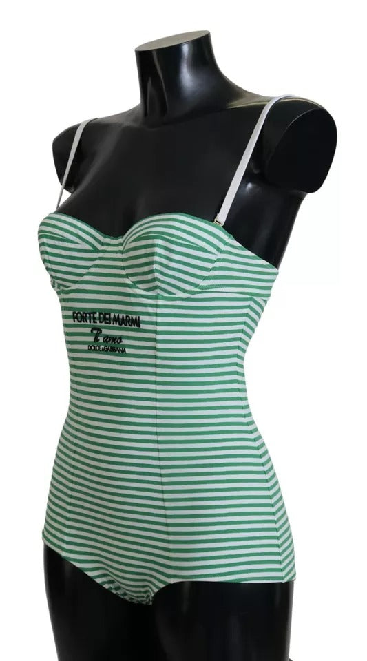 White Green Stripes One Piece Beachwear Swimwear - ventzia