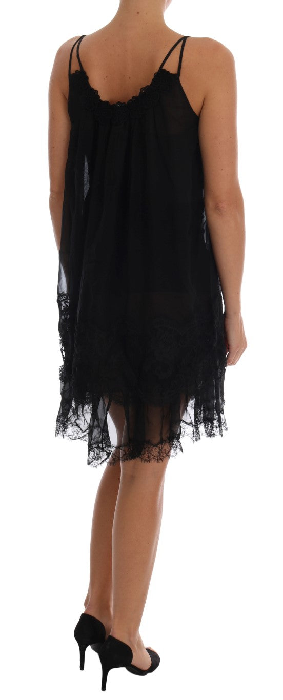 Elegant Black Silk Lace Chemise Dress - ventzia