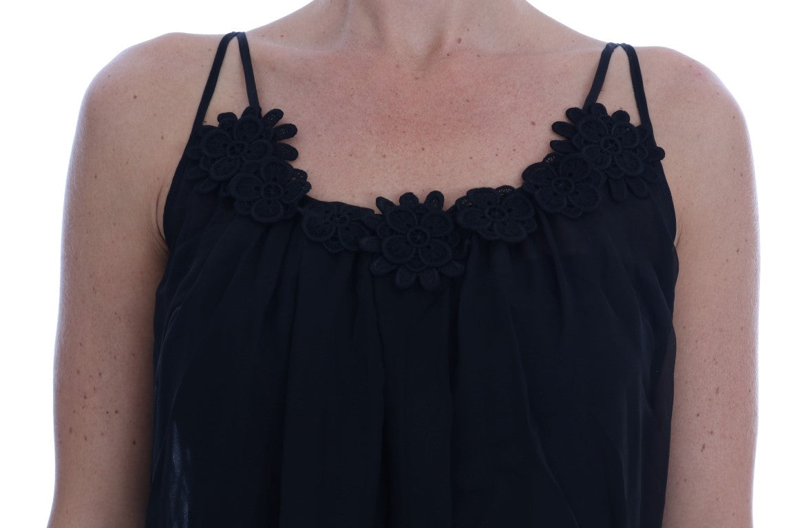 Elegant Black Silk Lace Chemise Dress - ventzia