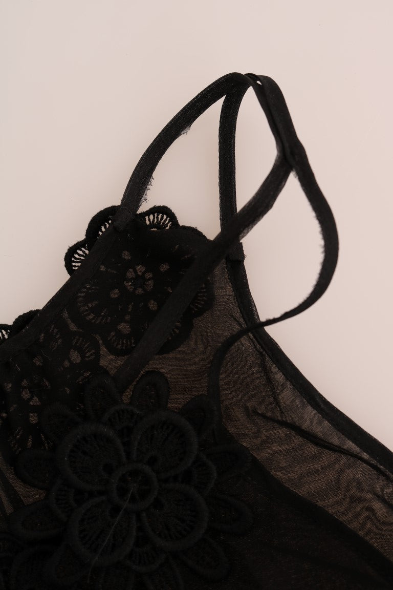 Elegant Black Silk Lace Chemise Dress - ventzia