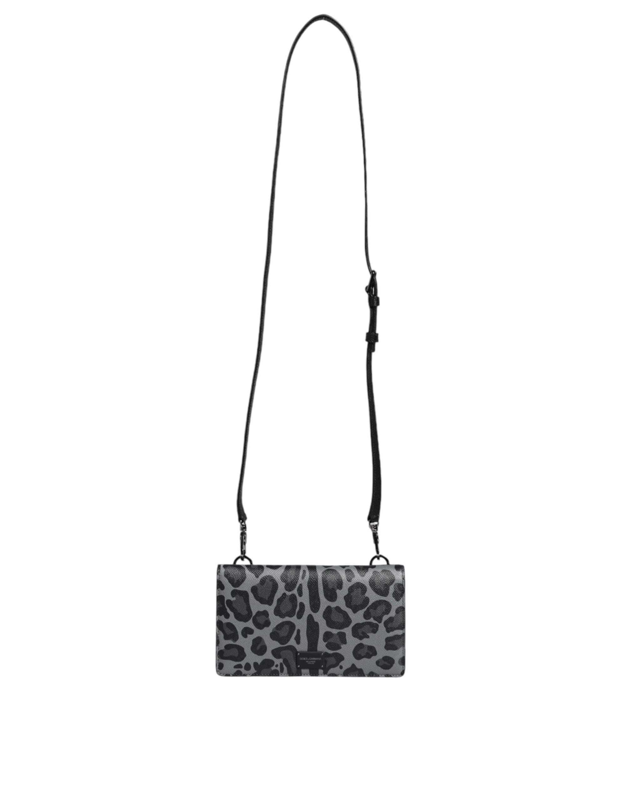 Black Gray Leopard Leather Bifold Card Slot Crossbody Bag - ventzia