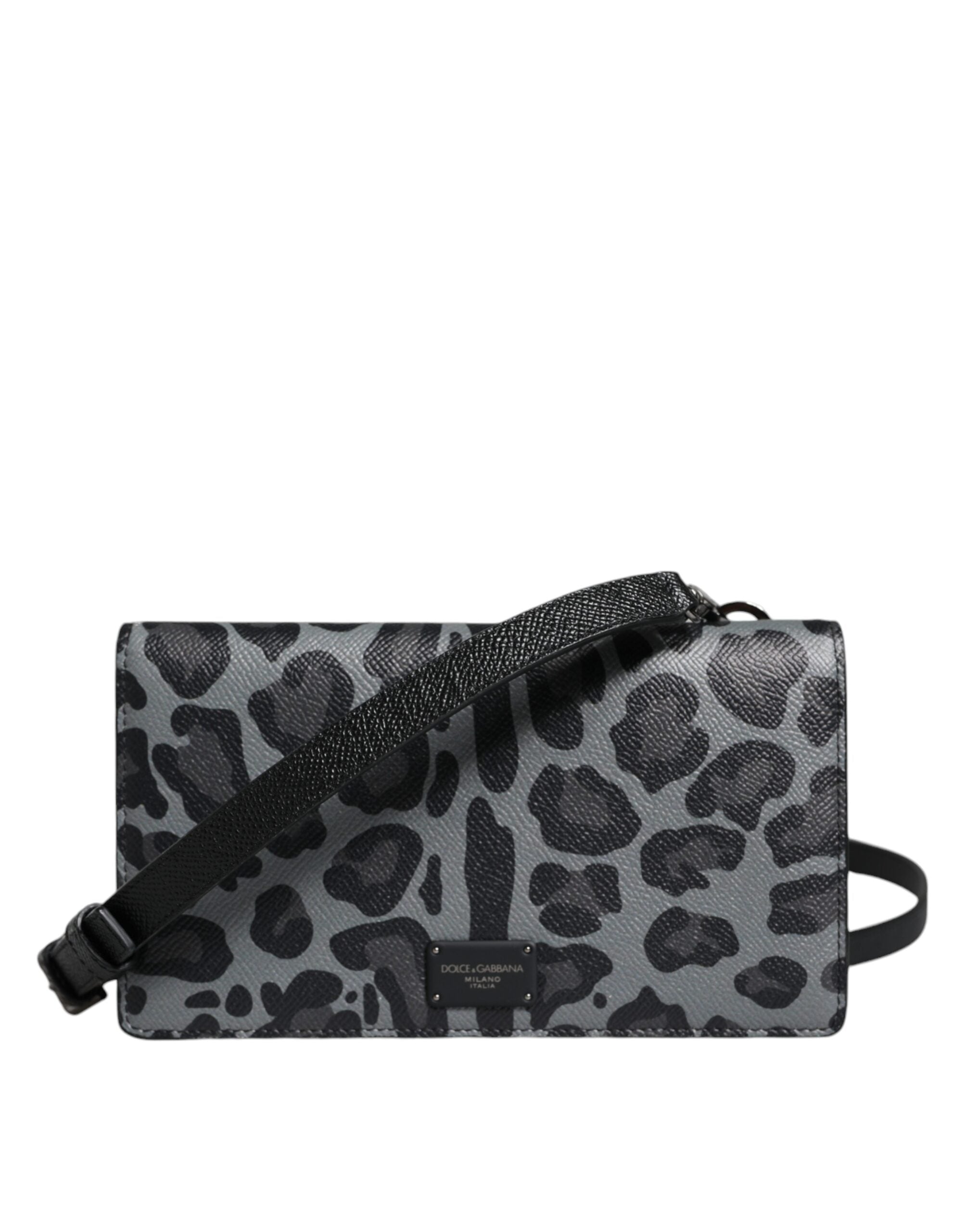Black Gray Leopard Leather Bifold Card Slot Crossbody Bag - ventzia