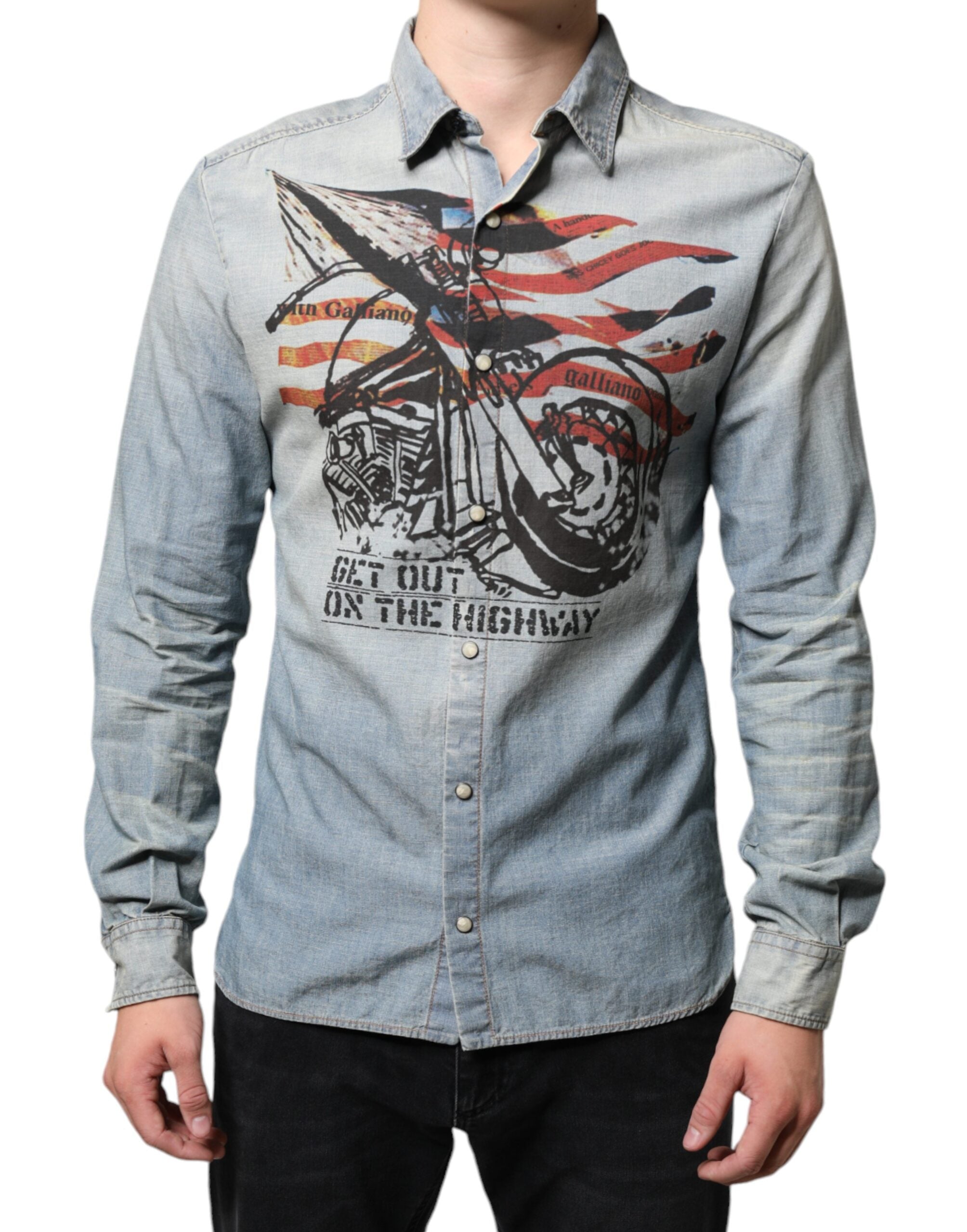 Light Blue Printed Cotton Denim Long Sleeves Shirt - ventzia