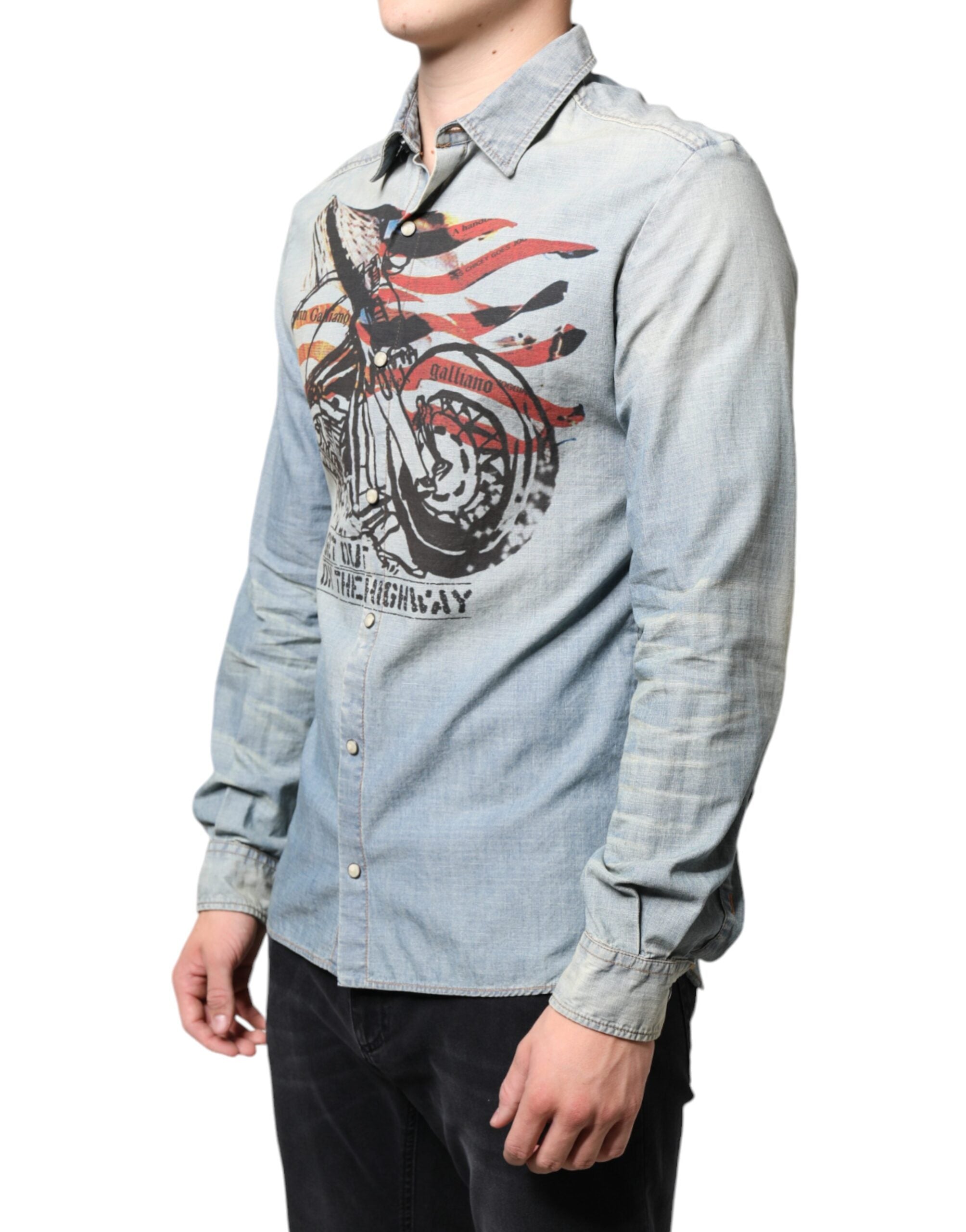 Light Blue Printed Cotton Denim Long Sleeves Shirt - ventzia