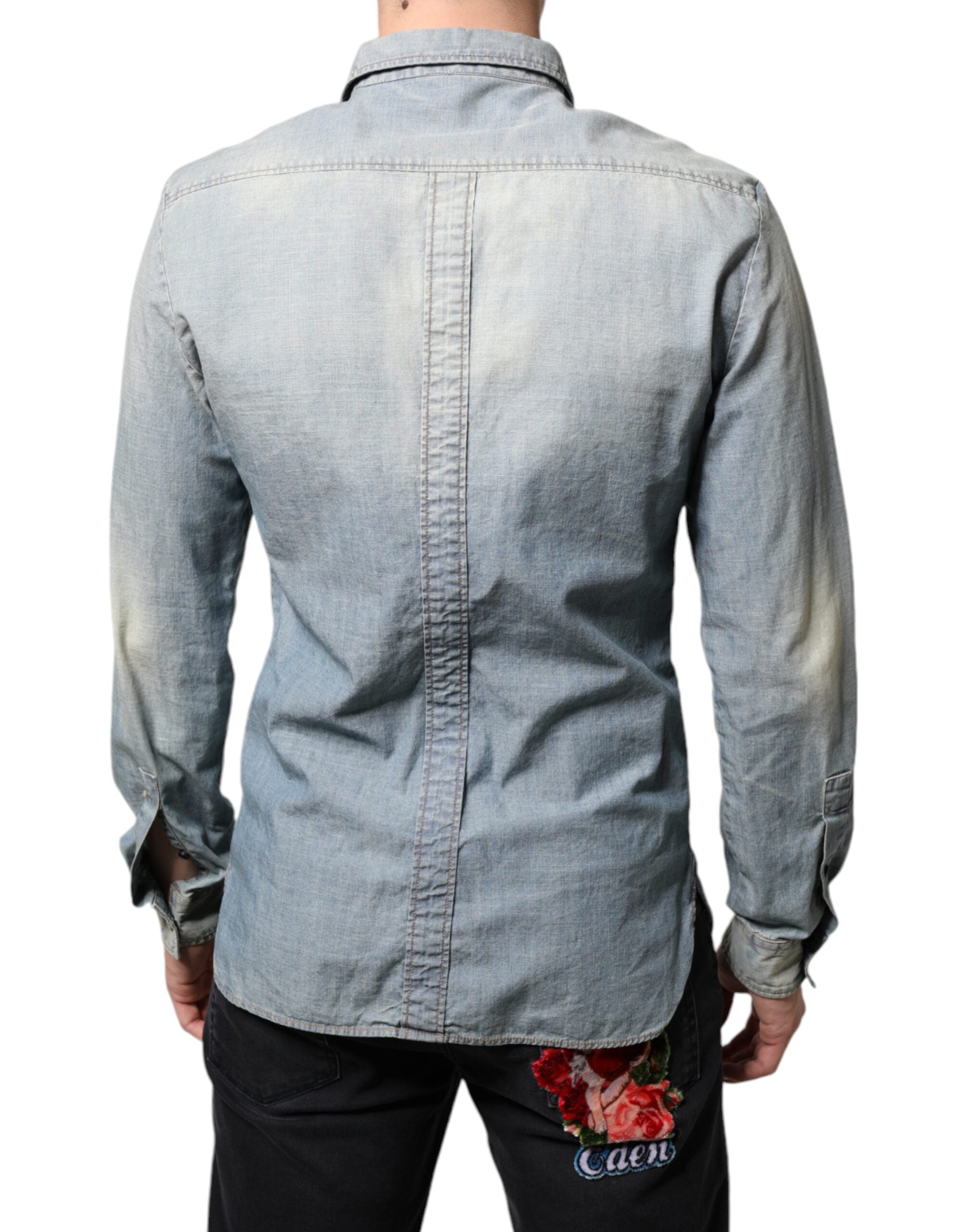 Light Blue Printed Cotton Denim Long Sleeves Shirt - ventzia