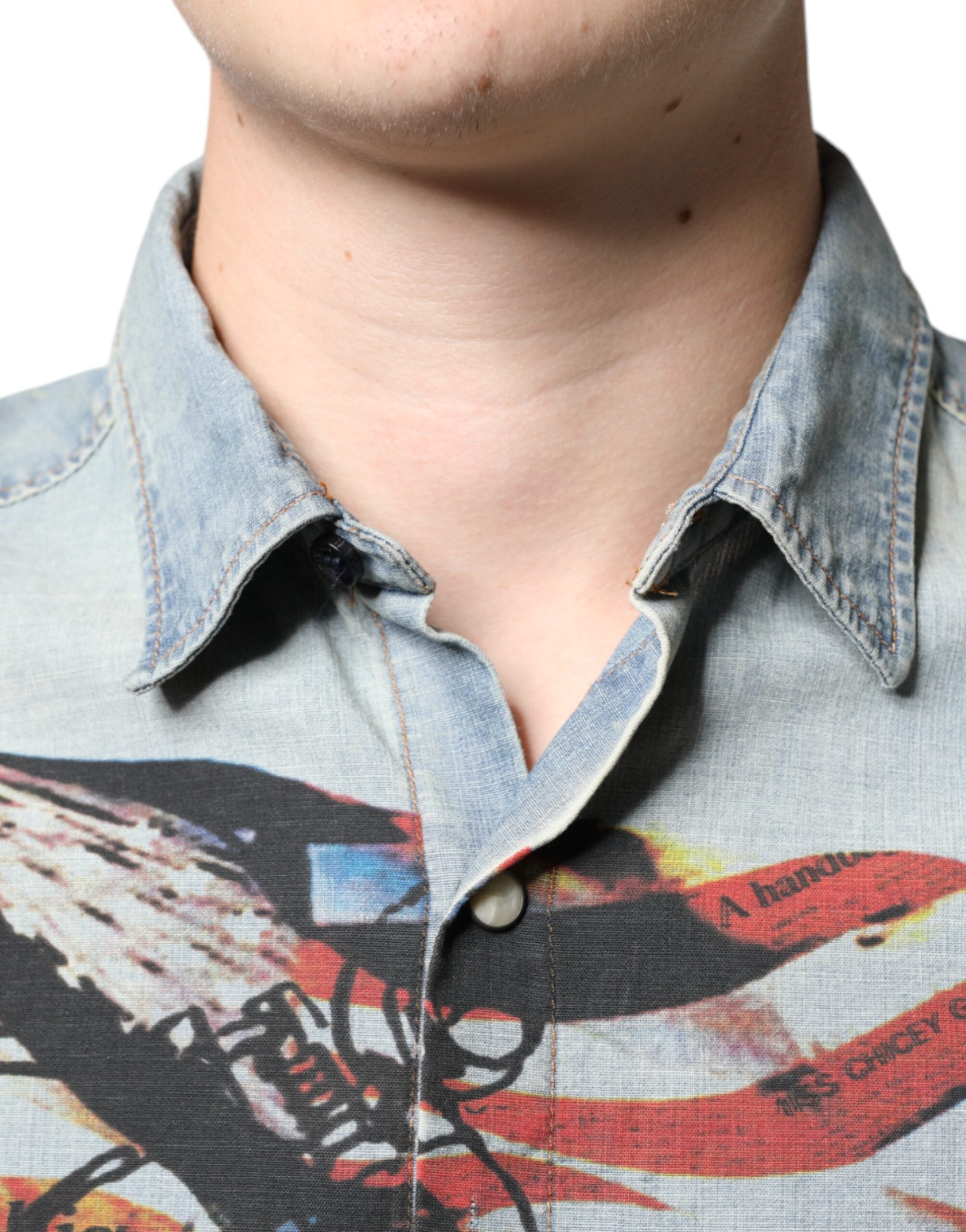 Light Blue Printed Cotton Denim Long Sleeves Shirt - ventzia