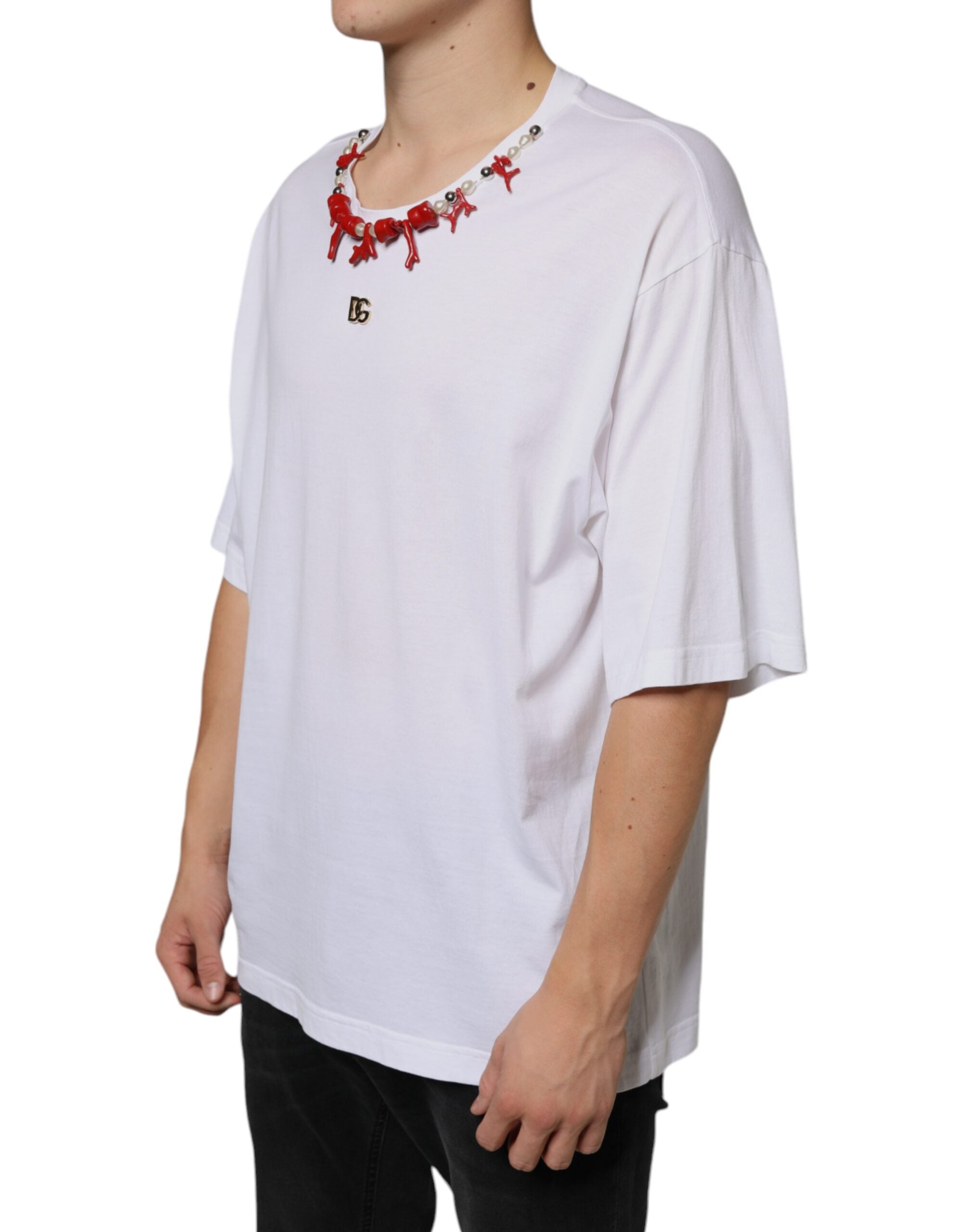 White Cotton Necklace Embellished T-shirt - ventzia
