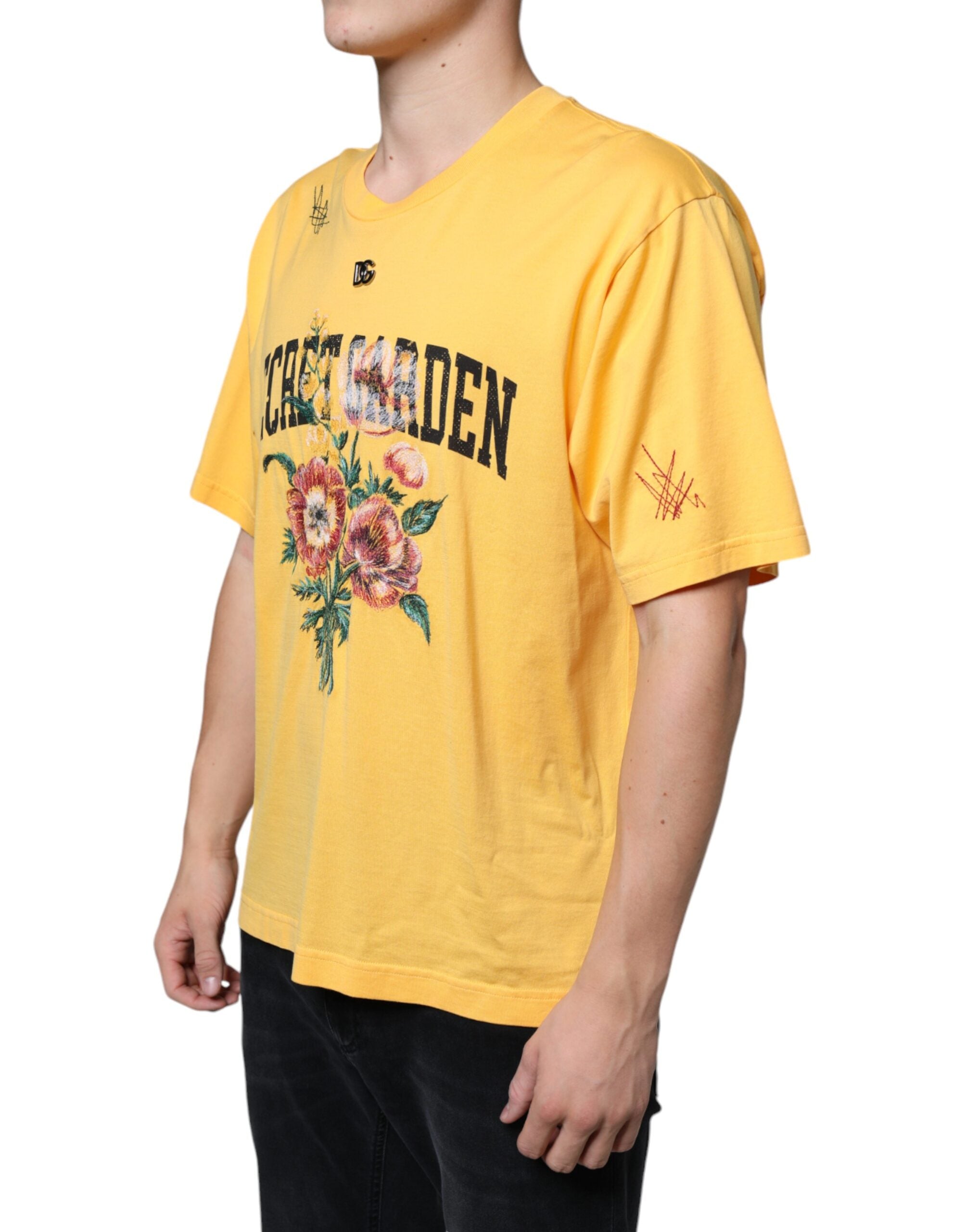 Yellow Secret Graden Floral Cotton Crew Neck T-shirt - ventzia