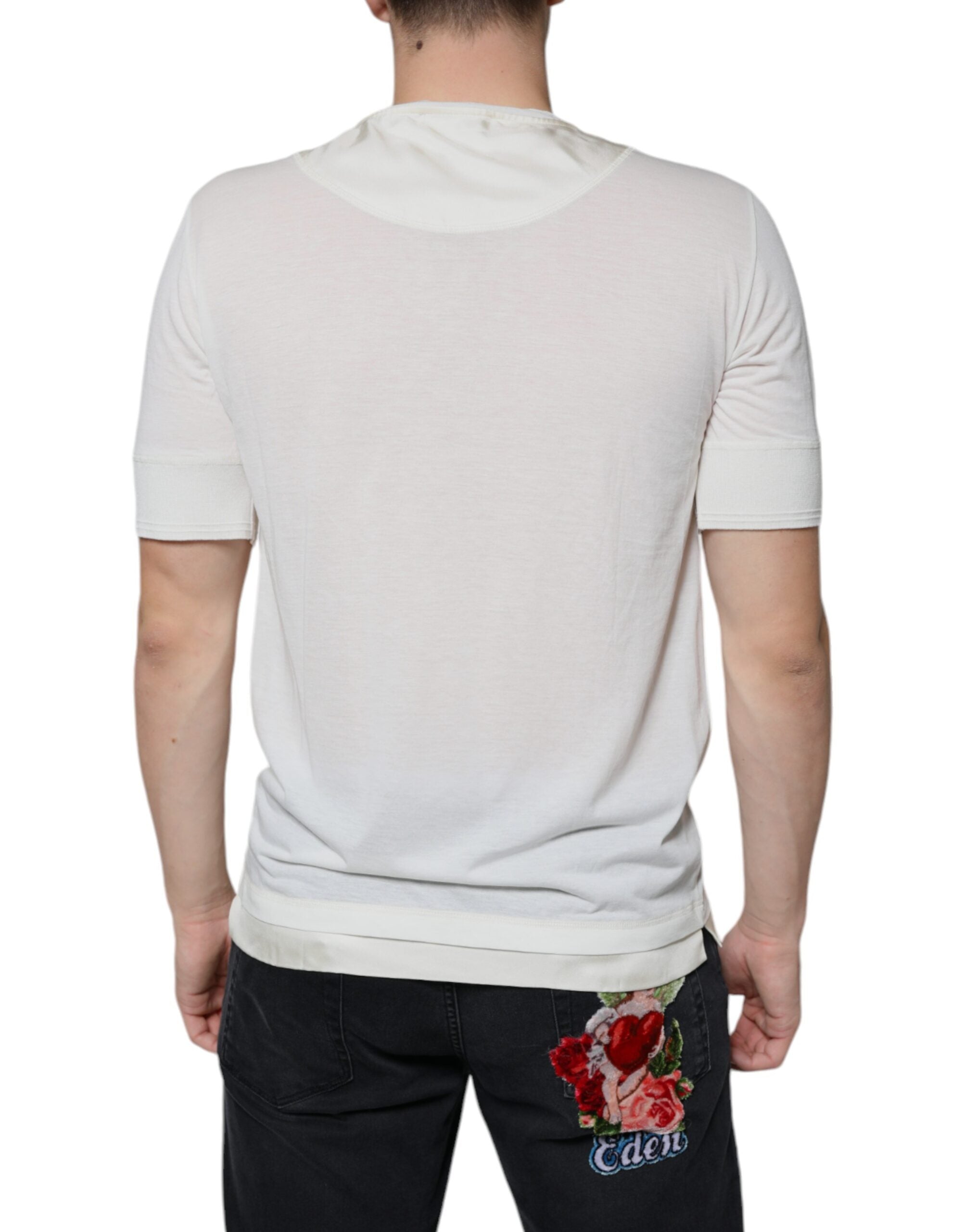 Off White Cotton Short Sleeves T-shirt - ventzia